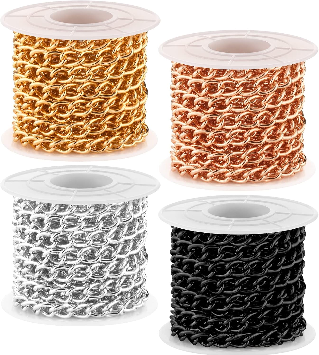 Jadive 4 Rolls 39.4 Feet Aluminium Necklace Chains 6.5 mm Twisted Links Spool Chain Jewelry Making Chains for Bracelet Necklace Jewelry Making(Rose Gold, Black, Silver, Gold)