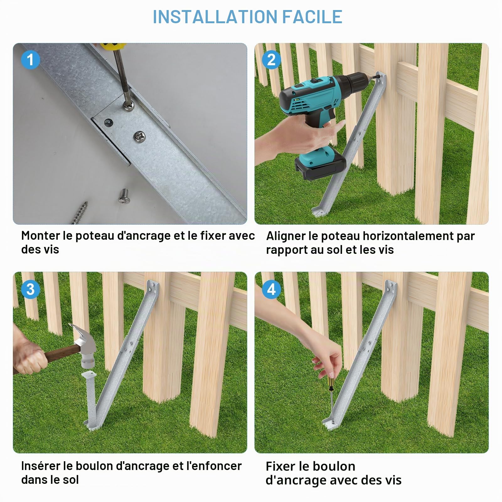 4 pièces Ancrage tempête au sol pour clôture brise-vue - Ancrage au sol en acier galvanisé pour poteaux de clôture - Ancrage de poteau pour clôture de jardin - Ancrage vent pour stabilisation