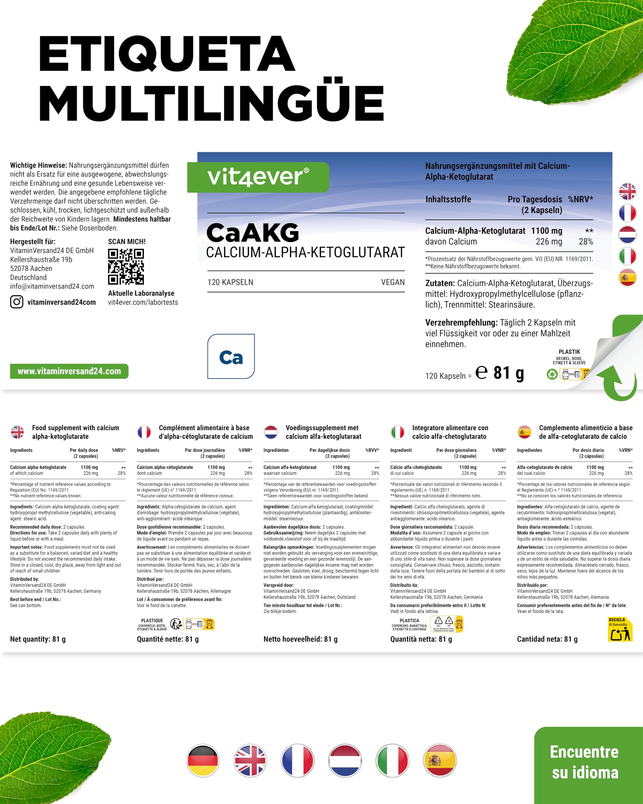 CaAKG - Calcio alfa-cetoglutarato - 120 cápsulas - Alta dosis con 1100 mg por dosis diaria - Calcio puro y alfa-cetoglutarato sin aditivos innecesarios, vegano