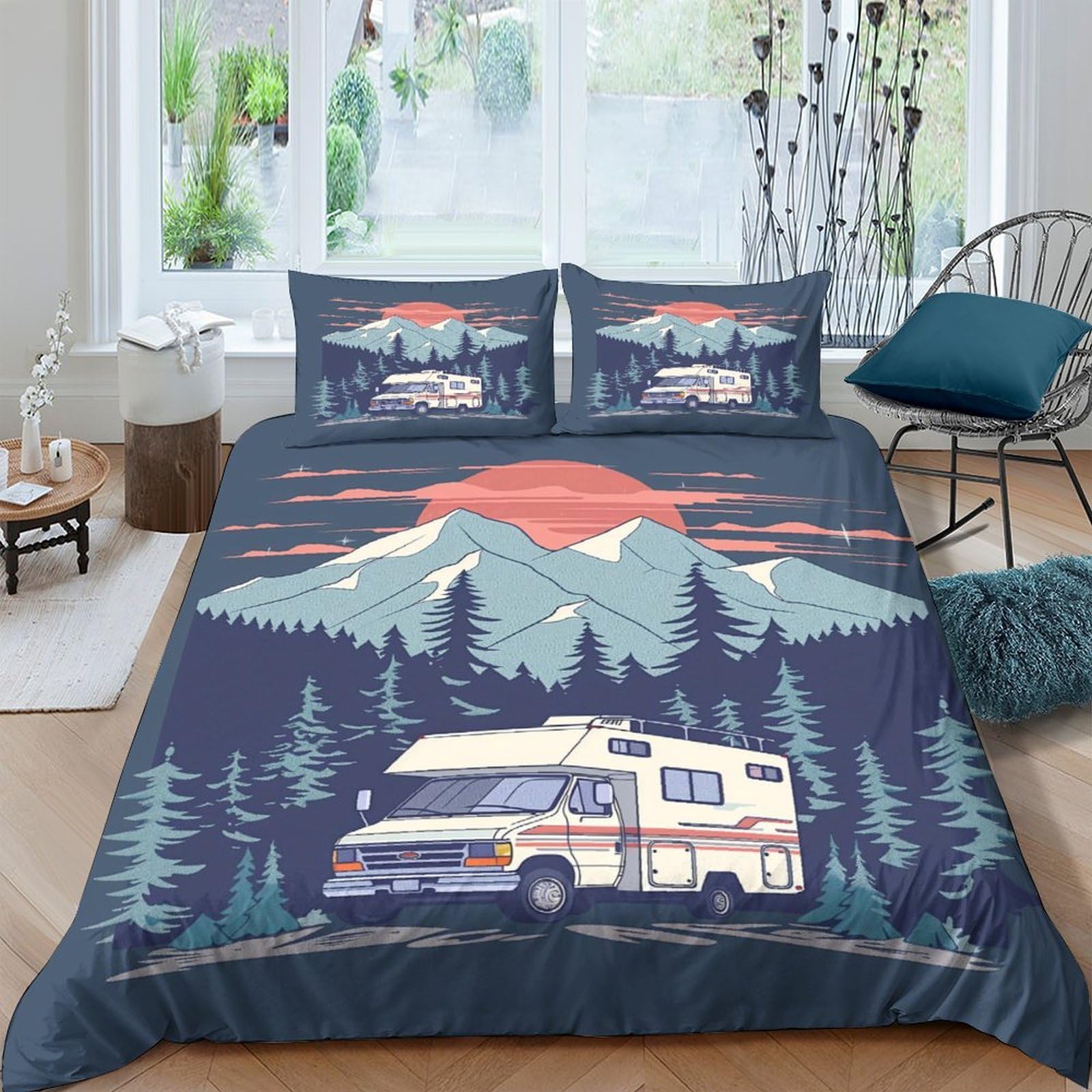 Ctjqhvkz Style-5 3D Printed Camper Mountain Fitted Sheet Microfiber Soft Breathable Sunset Forest Mattress Cover For Bedroom Dorm Decor Single（135X200cm）