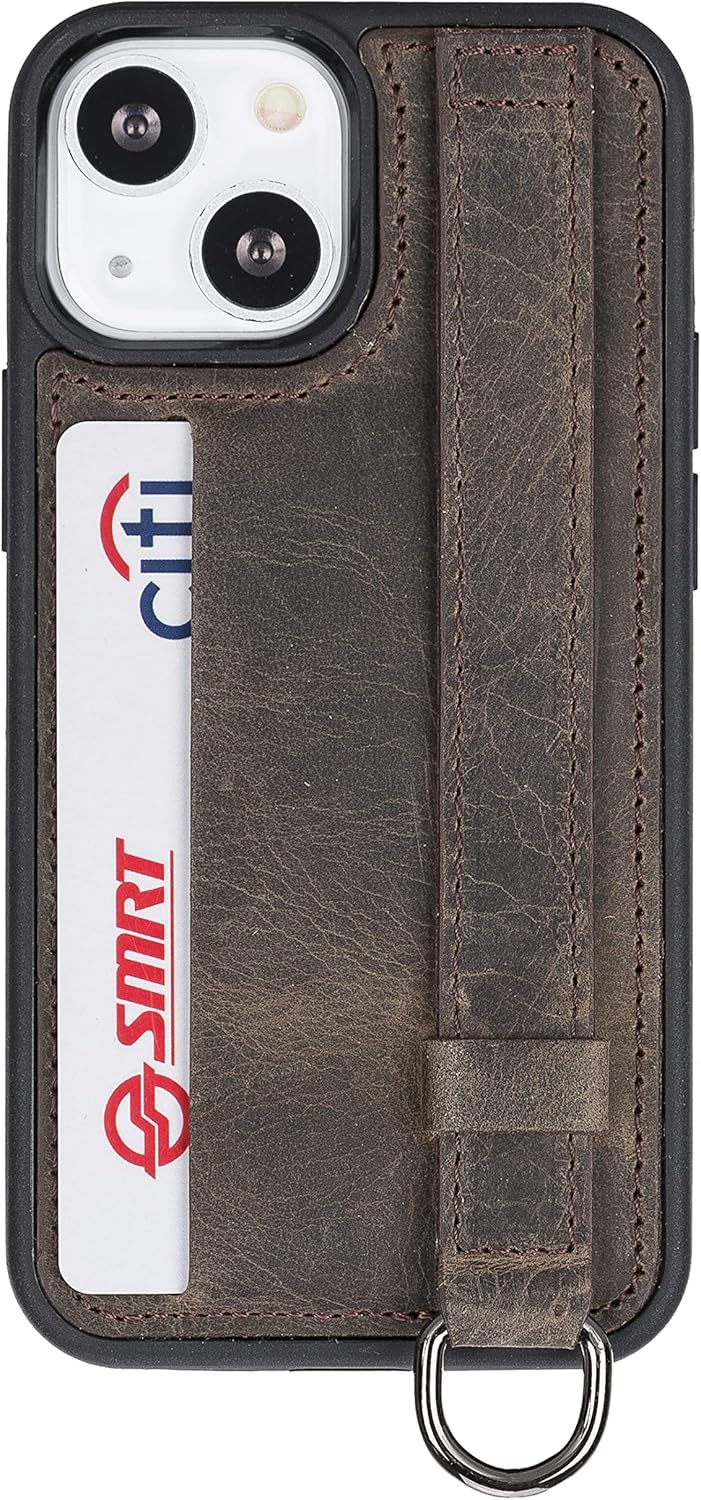 HARDISTON Premium Leather Handmade Case for iPhone 13 Mini Case Hand Strap with Detachable Hook Snap-on Cover with Credit Card SlotCustomizable Kick Stand (Mocha)