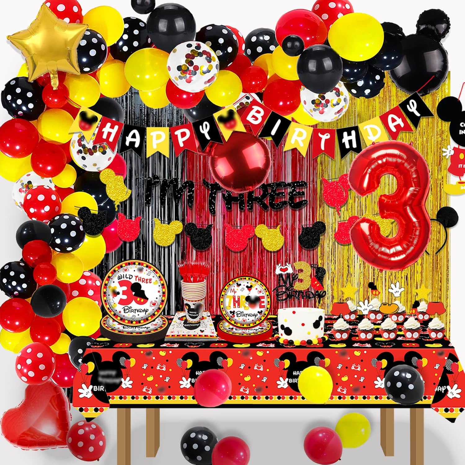 222 Pcs Red Cartoon 4th Birthday Party Supplies Decoration - Four Dessert Plates Cups Tablecover Cake Cupcake Toppers Banner Balloons Arch Kit for Boys 4 Years Old Birthday Party Favor