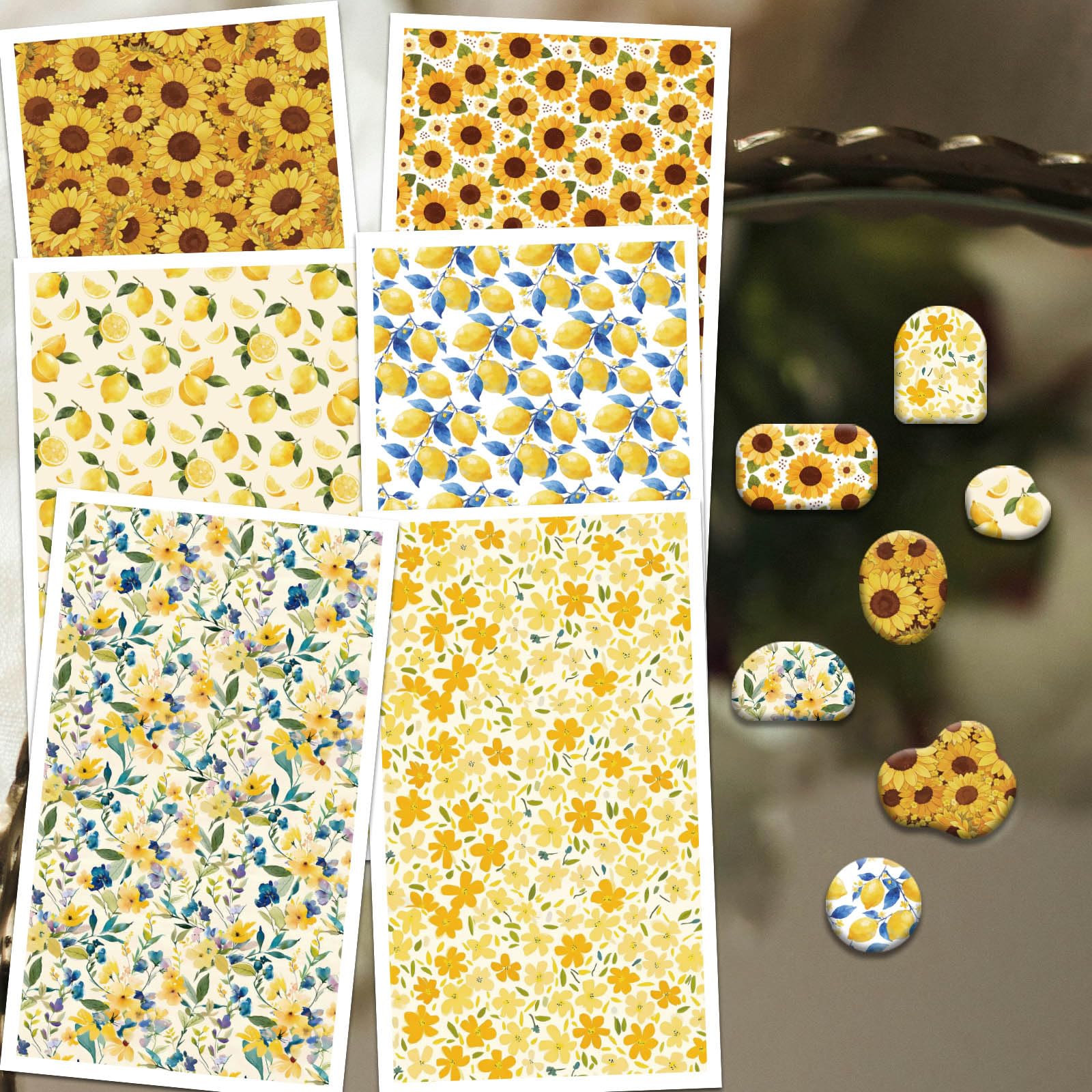 OLYCRAFT 24pz Carta da Trasferimento per Argilla con Fiori Gialli 6 Design Carta da Trasferimento Limoni per Polimeri Girasoli per Argille Polimerica per Creazione Orecchini in Argilla Gioielli