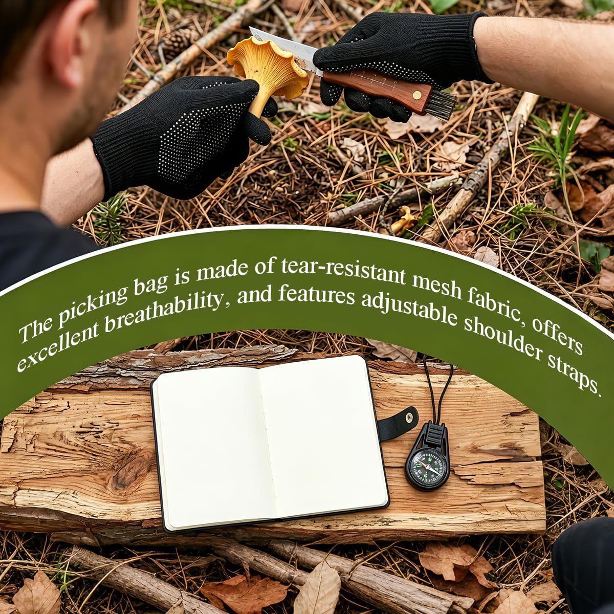 Forager Kit,Mushroom Knife with Brush,8 Pcs | Waxed canvas bag,stainless steel blade,gloves,flat & pointed shovels,compass and notebook,gift for hikers and campers