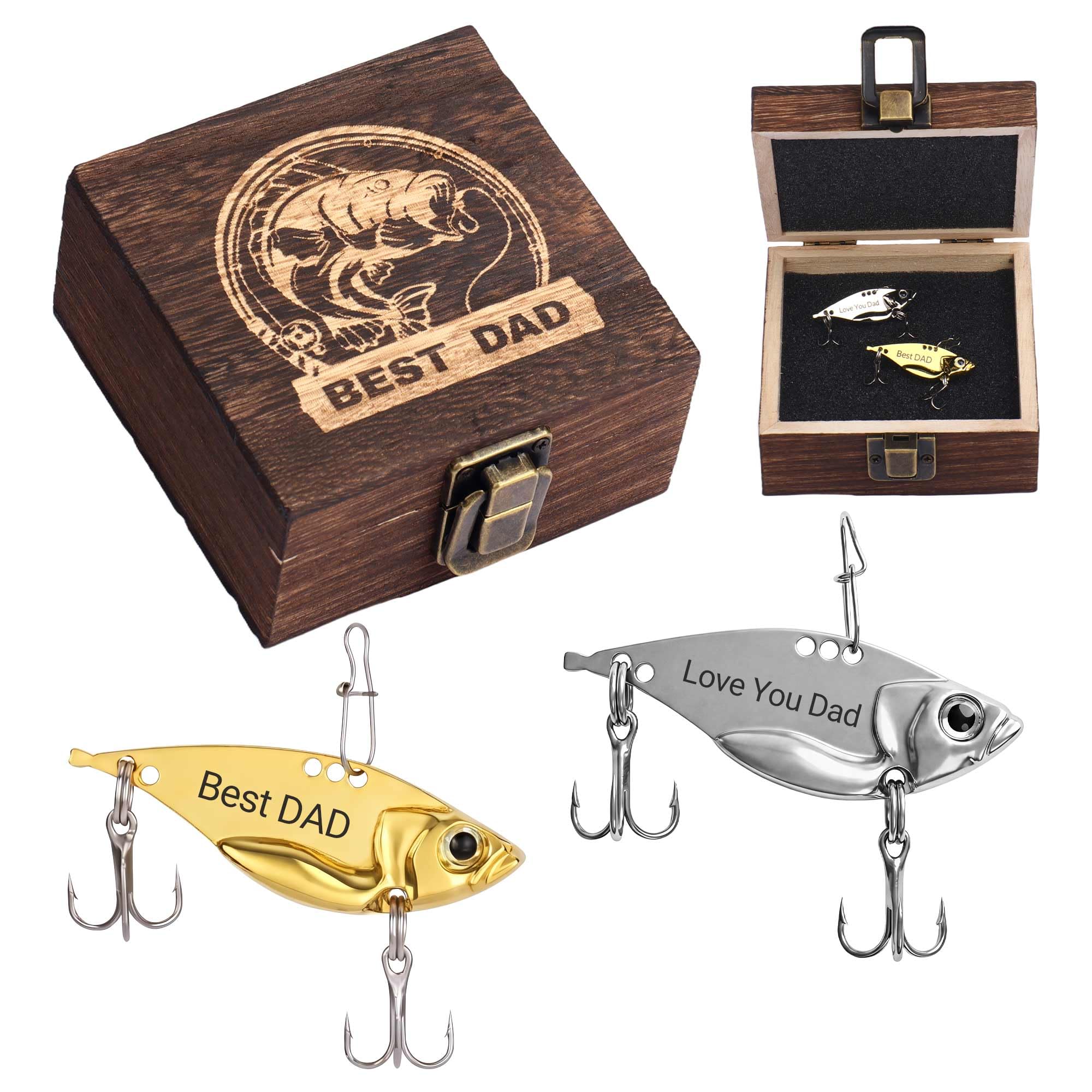CGFN Fishing Lure Gift Set for Dad - Personalized Engraved 2 Pack 5g Metal Fishing Spoons in Wooden Box for Father's Day Birthday Christmas - Premium Tackle for Bass Trout (Dad)