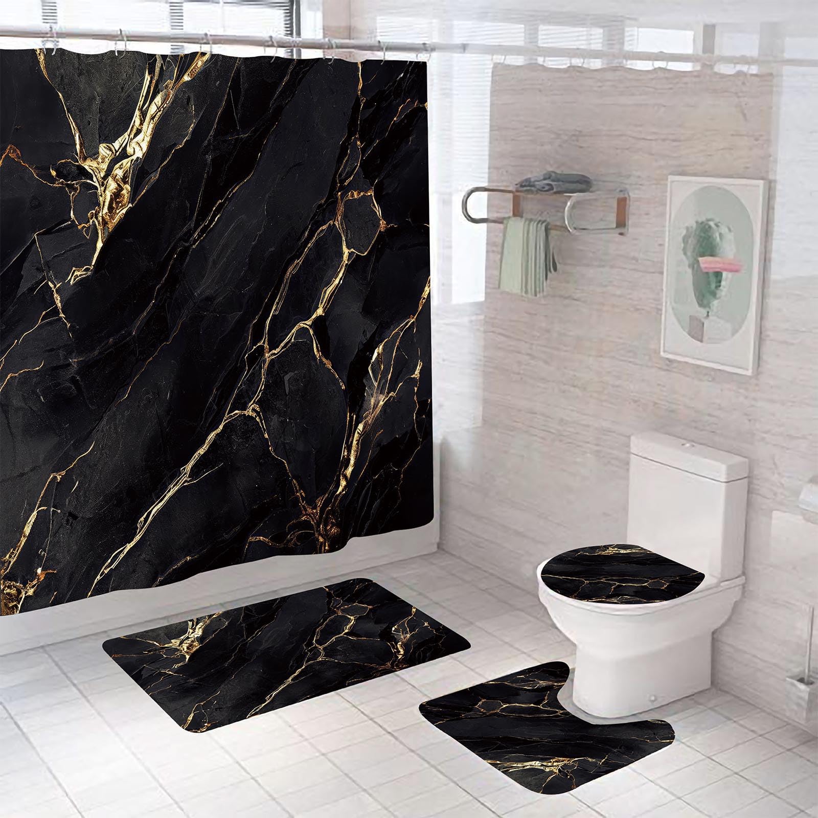 AIBIIN Lot de 4 rideaux de douche en marbre noir abstrait avec tapis antidérapants, housse moderne pour abattant de toilette et tapis de bain, rideau de bain pour décoration de salle de bain (crochets