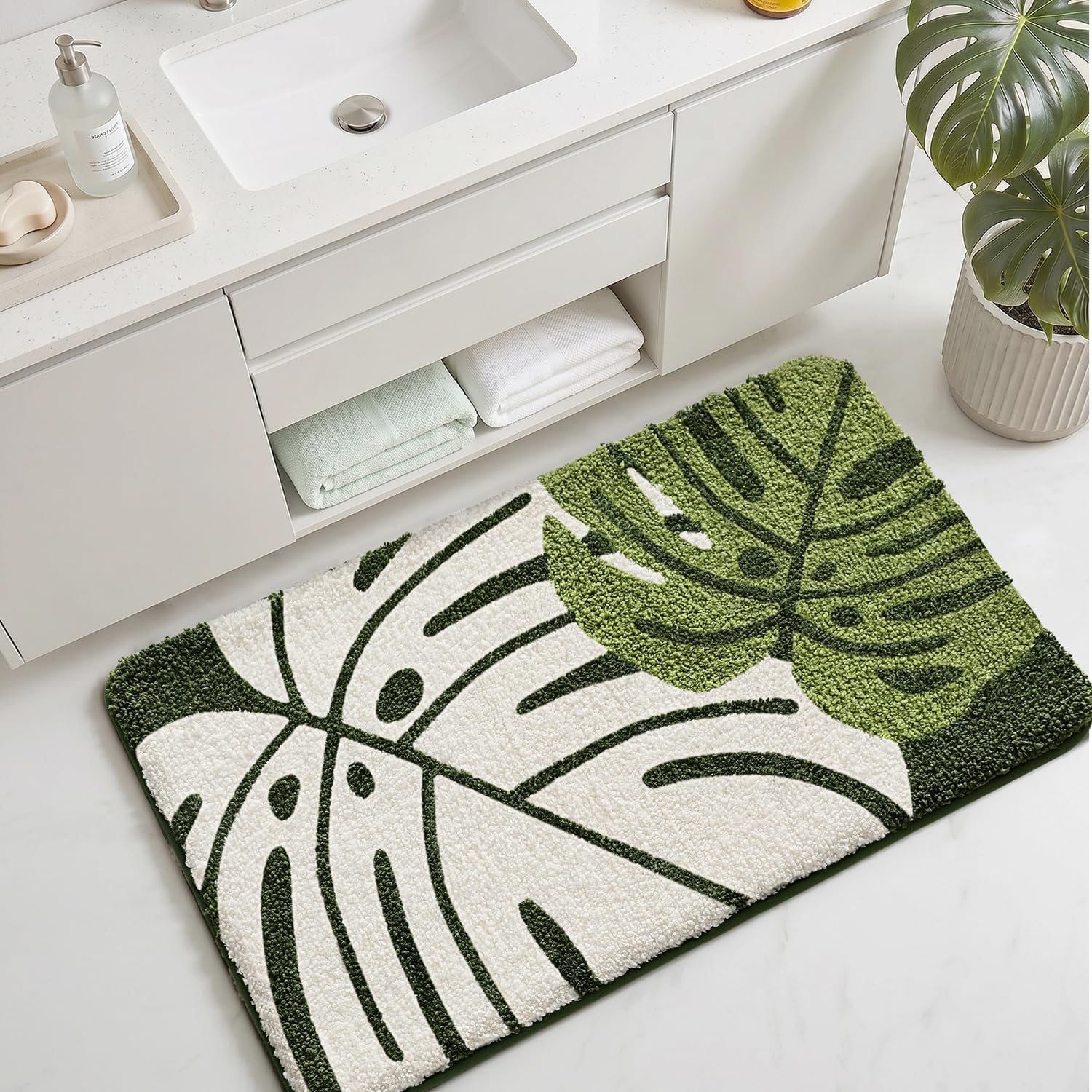 Color&Geometry Leaf Bathroom Rug, Plush Absorbent Non Slip Washable Plant Decor Bath Mat, Ideal for Shower Sink, Bathtub Floor, Kids Room, Bedroom, 24"x36"