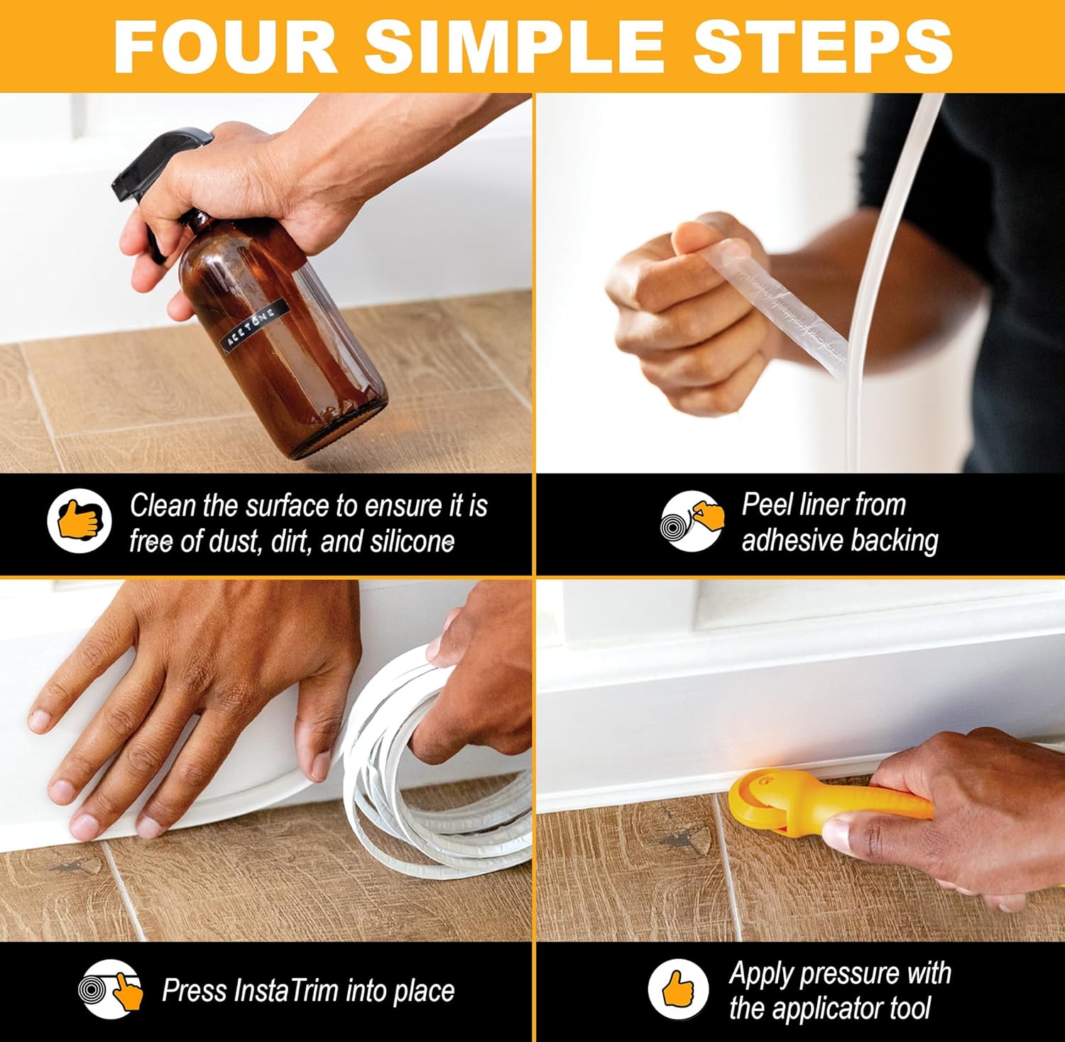 InstaTrim Peel & Stick Flexible Caulk Tape & Trim, Easy to use, self-Adhesive, Caulk sealant for Floors, Doors, Windows, counters, tubs and More - Made in USA, 1/2 inch x 50 feet, Black