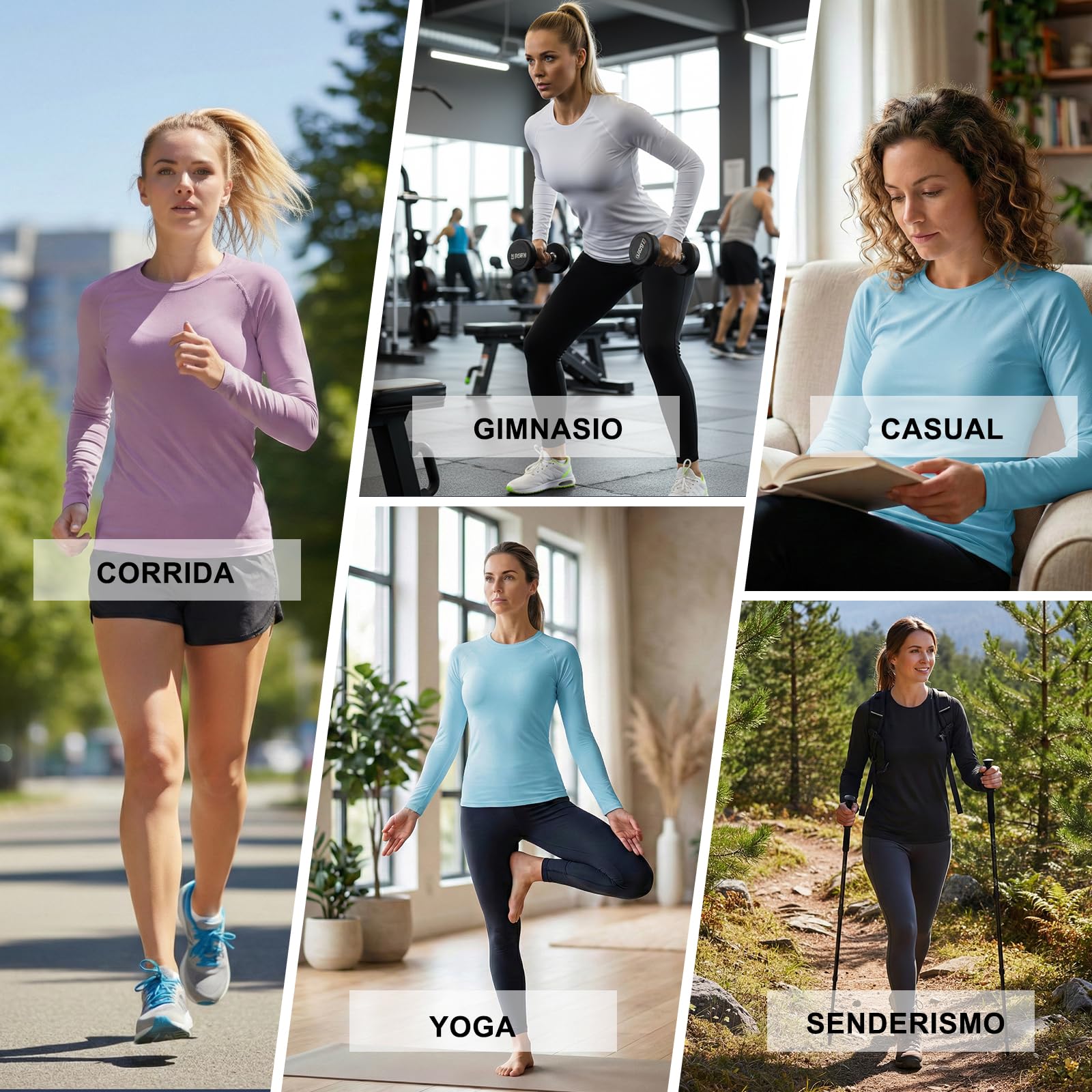 4 Pack Deportiva Mujer de Manga Larga Camiseta Transpirable Secado Rápido Camisetas de Compresión Ligero Elasticidad Top Deportiva Correr Base Layer Cuello Redondo Funcionales para Yoga Fitness