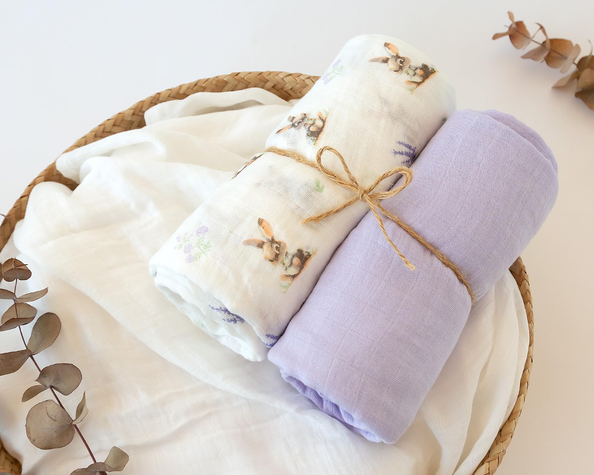 Kiokids | Set 2 Mussole, Coniglietti e Lavanda | Collezione Petit Moments | 70% bambù e 30% cotone | Ultra morbido | Antibatterico e termoclimatico | Protettore UV |+0 mesi | 120x120cm
