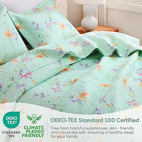 Miniatura 5 de JSD Juego de edredón floral verde, tamaño matrimonial, Queen, colcha estampada de 3 piezas con funda de almohada, manta acolchada de microfibra suave