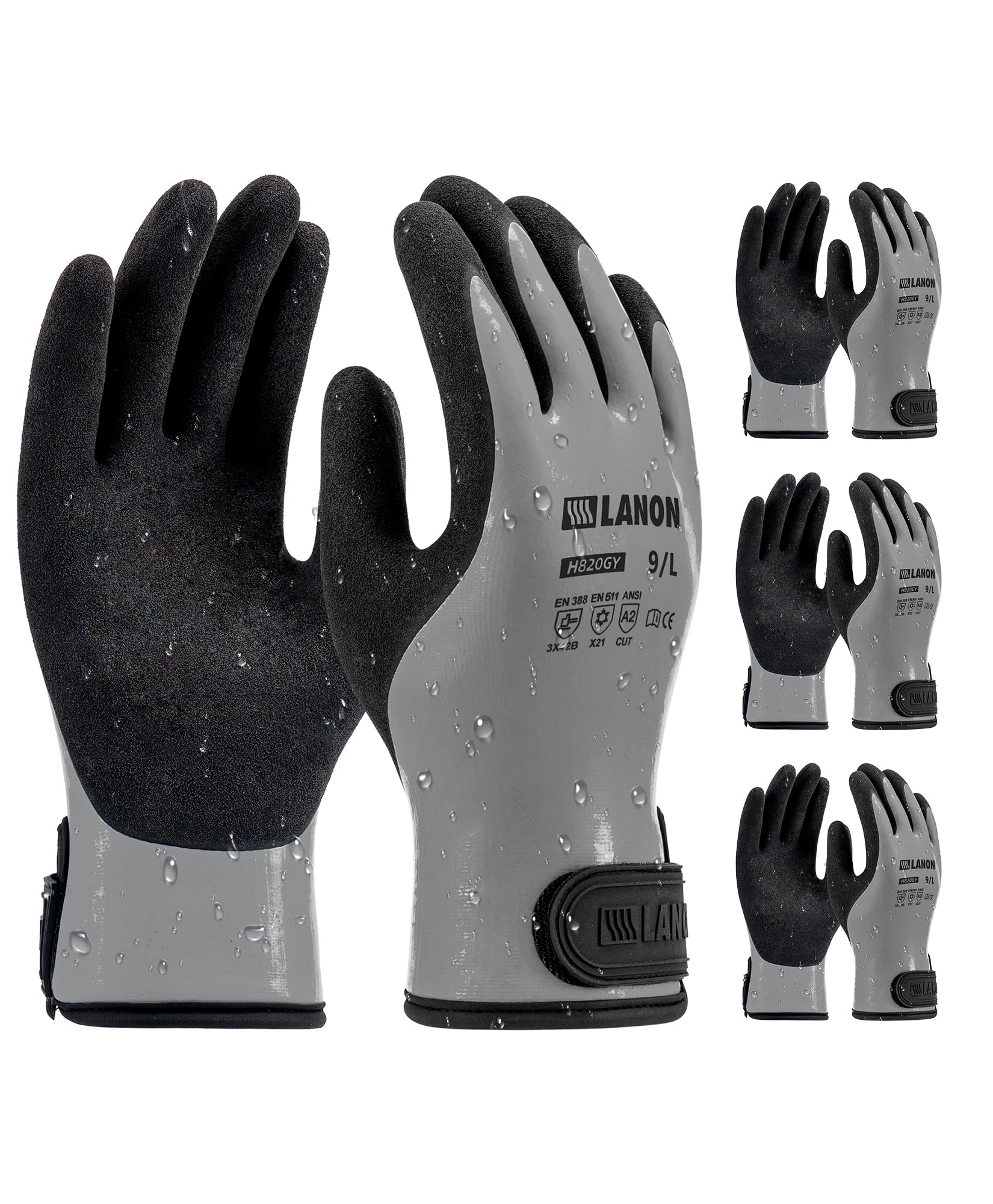 Photo 1 of LANON Waterproof Winter Work Gloves, Double Latex Coated, Thermal Insulated Freezer Gloves for Cold Weather, Heavy Duty, Non-Slip Grip, Wrist Closure, Grey,L