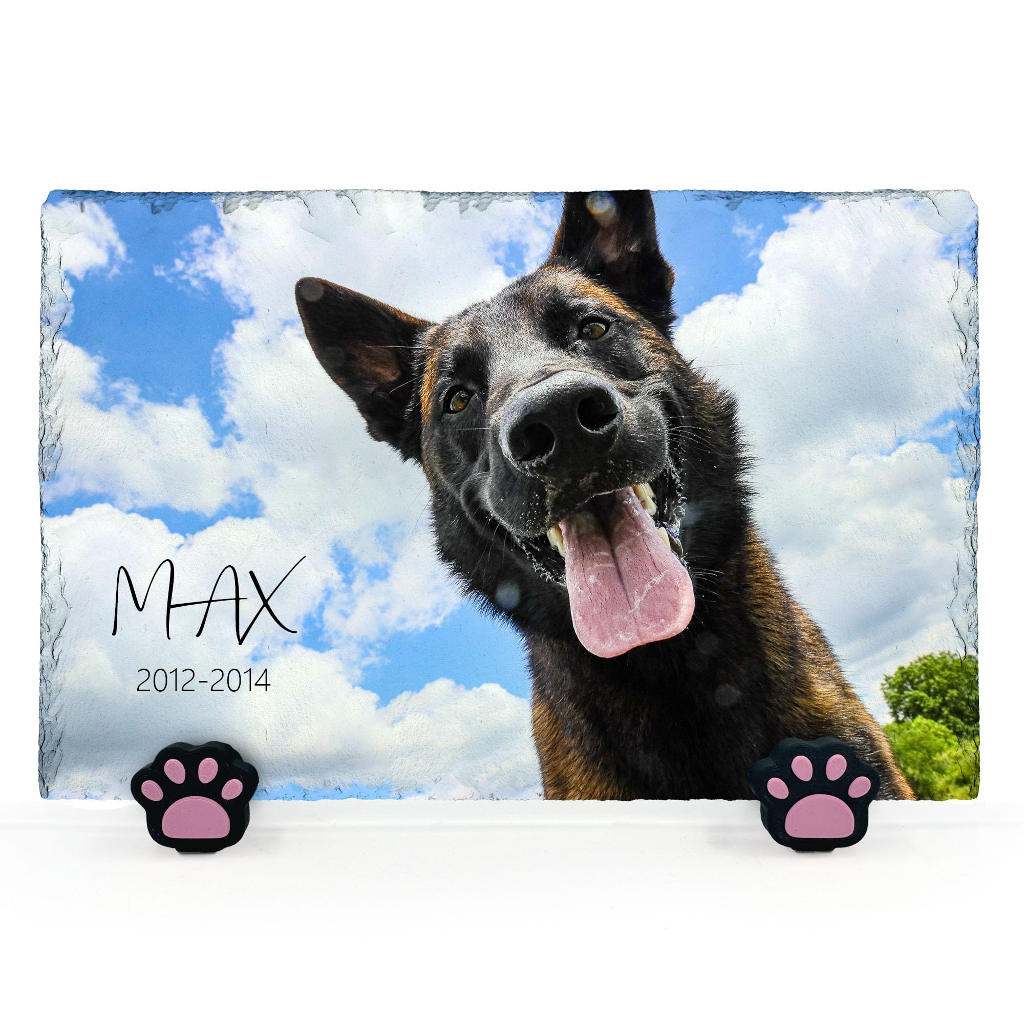 TULLUN Personalised Memorial Plaque For Pet Cat Dog Slate Natural Stone Frame Paw Grave Marker with Paw Display Stands - Full Print - Rectangle Horizontal | 7.8" x 11.8" or 20 x 30 cm |