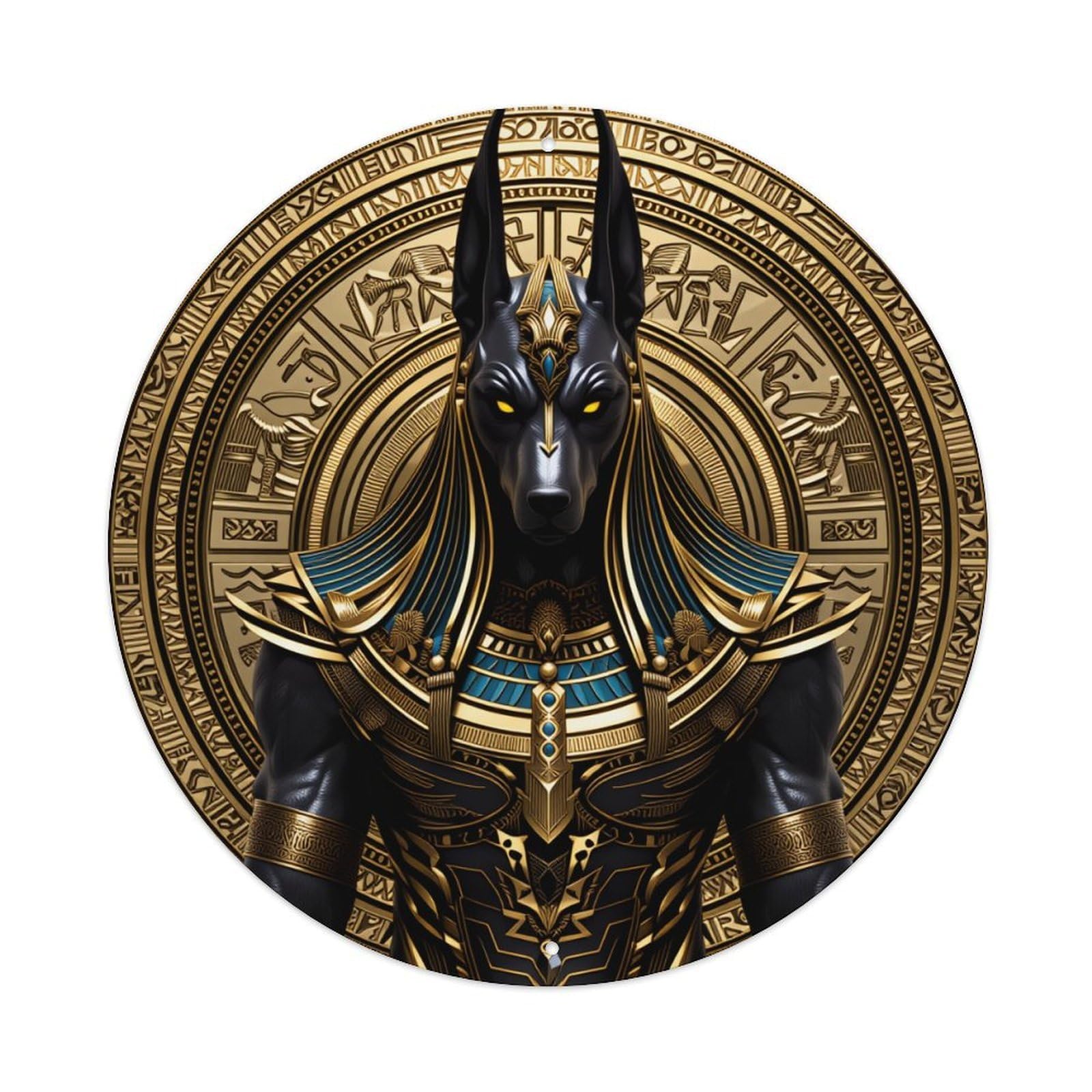 Egyptian Mythology Anubis God Golden Armor Pattern Print Round Tin Sign Vintage Metal Sign Home Bar Garden Wall Decor Metal Poster 8x8 Inch