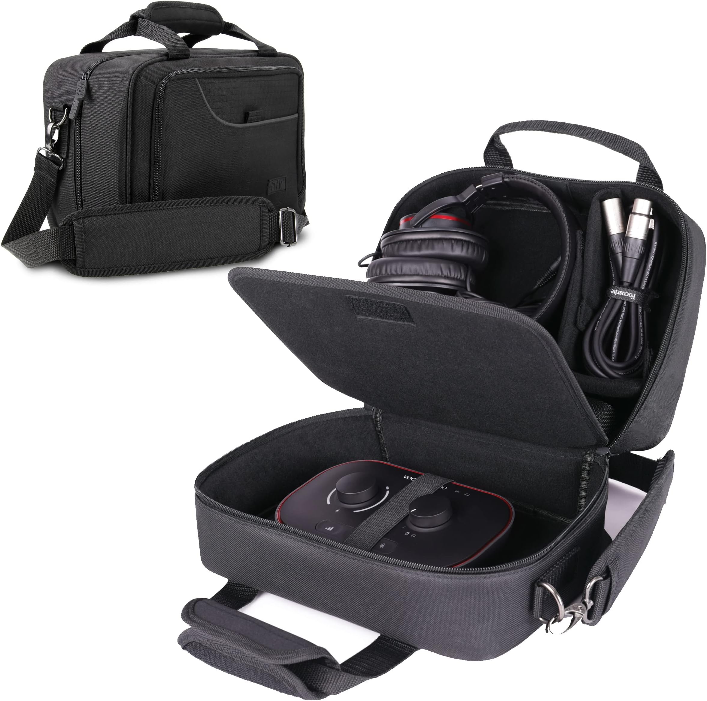 USA Gear Audio Interface Case Fits Zoom PodTrak P4, PodTrak P2, Focusrite Vocaster One, PreSonus Revelator io44 & more Podcast Interfaces - Padded Customizable Interior, Shoulder Strap (Black)