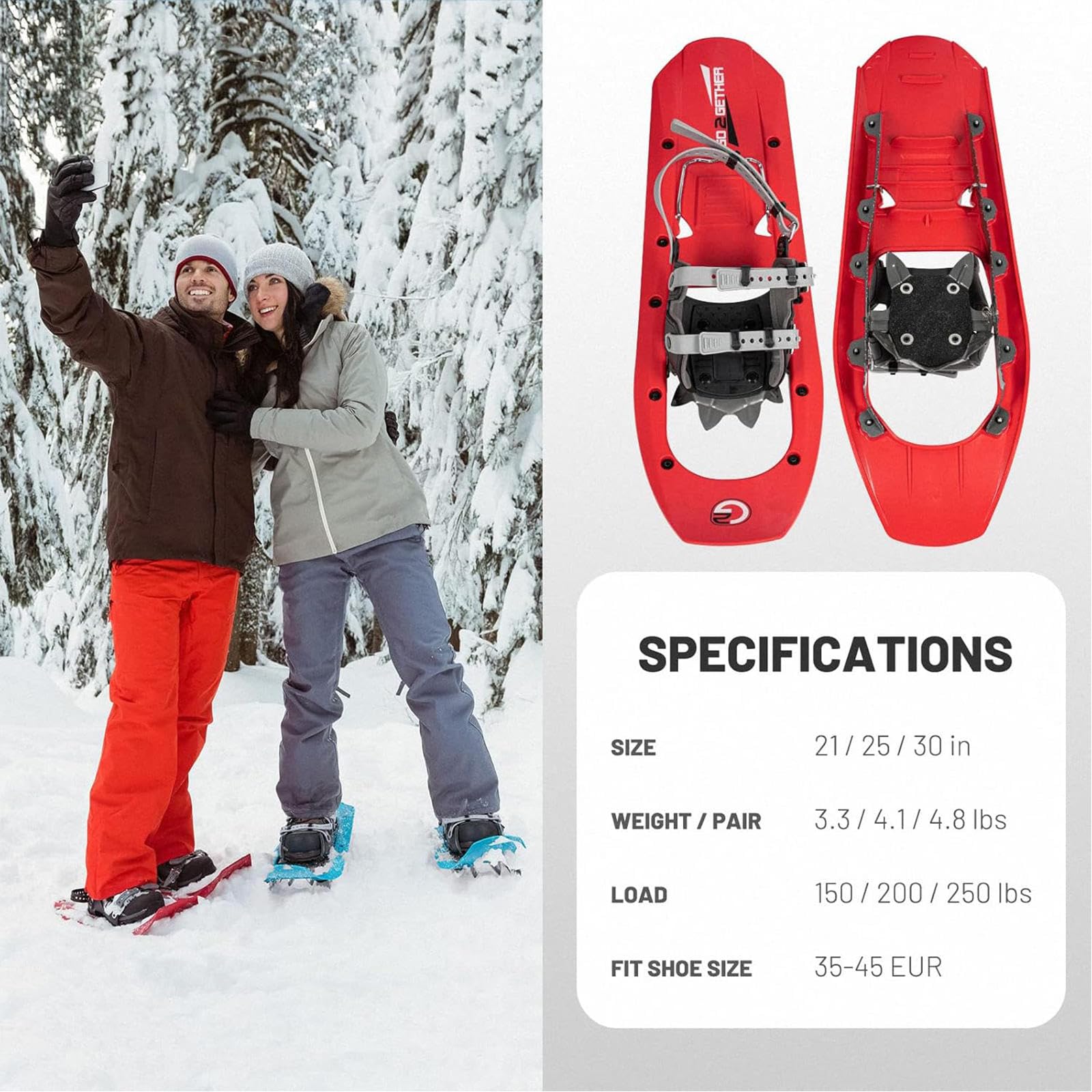 Set Racchette da Neve per Terreni Leggeri, Racchette da Neve Regolabili Antiscivolo, Scarpe da Trekking sulla Neve per Esterni, Barra Girevole Flessibile per Donne Uomini Giovani,30inch