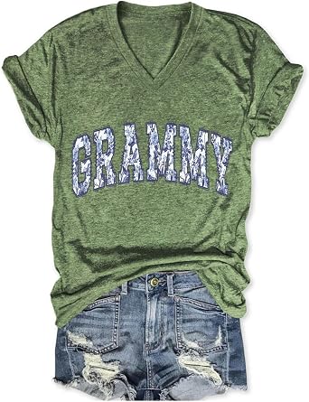 Grammy T-Shirt Women Grandma V Neck Graphic Tees Cute Gigi Nana T-Shirt Mothers Letter Print T-Shirt