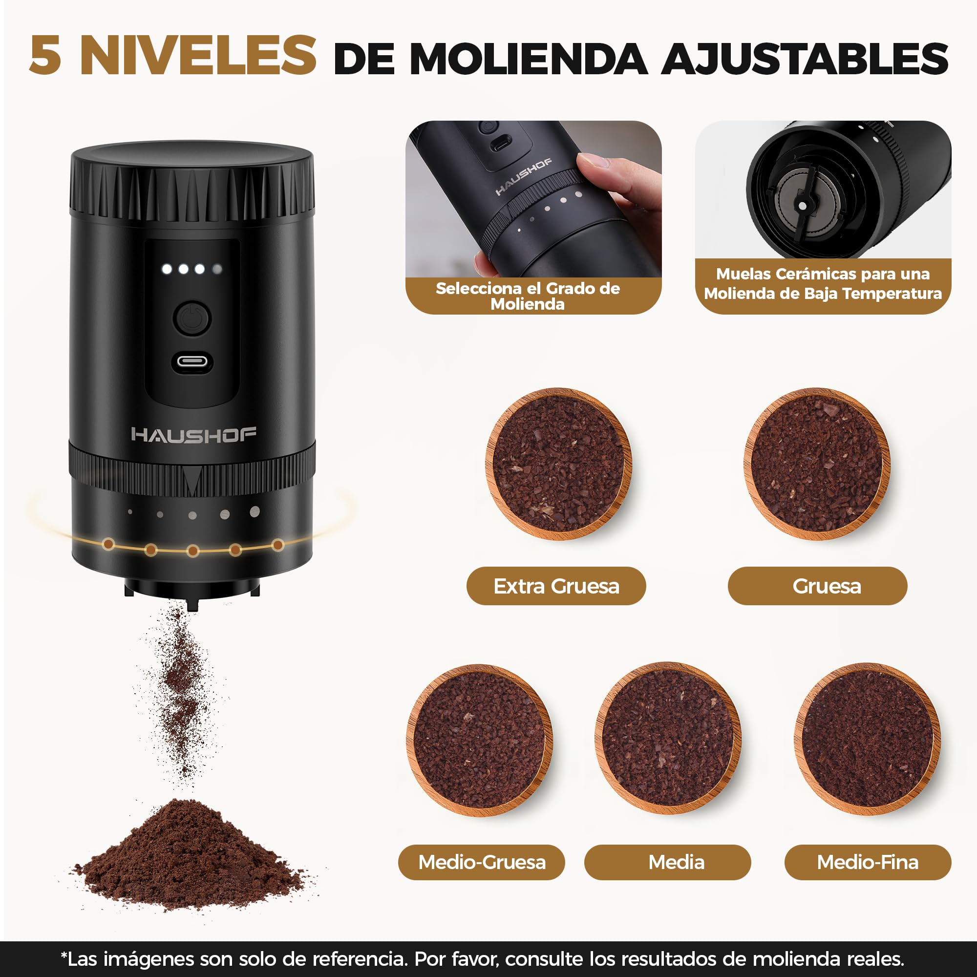 HAUSHOF Molinillo de Café Eléctrico Portátil Inalámbrico con Sistema de Infusión Manual, 5 Niveles de Molienda Ajustable, Taza Térmica de Viaje, Recargable USB-C para Camping, Senderismo y Oficina