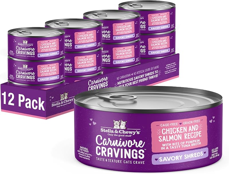 Stella & Chewy's Carnivore Cravings Savory Shreds Ração Úmida para Gatos com Frango e Salmão, Sem Grãos, 79 g, Pacote com 12 Latas