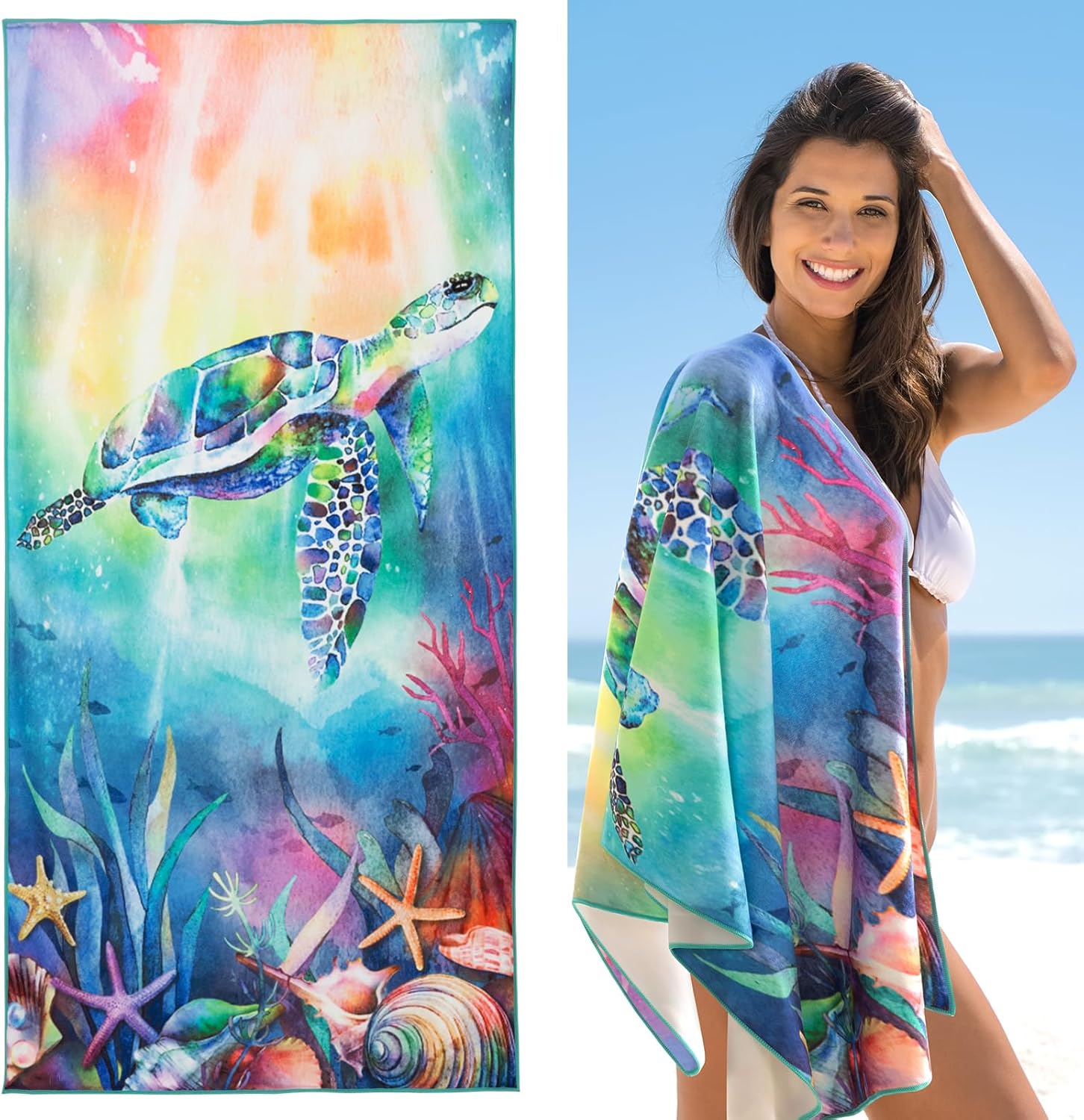 Blue Turtle Beach Towel Oversized Sand Free Microfiber Beach Towels Soft Bath Camping Swim Pool Gym Yoga Towels Blanket Absorbent Beach Travel Towel for Kids Adults, 30 x 60 inch