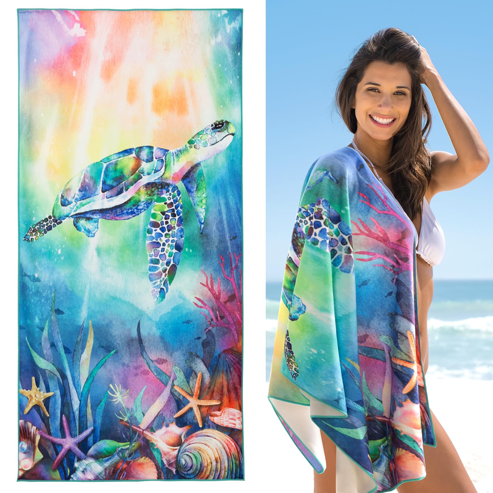Blue Turtle Beach Towel Oversized Sand Free Microfiber Beach Towels Soft Bath Camping Swim Pool Gym Yoga Towels Blanket Absorbent Beach Travel Towel