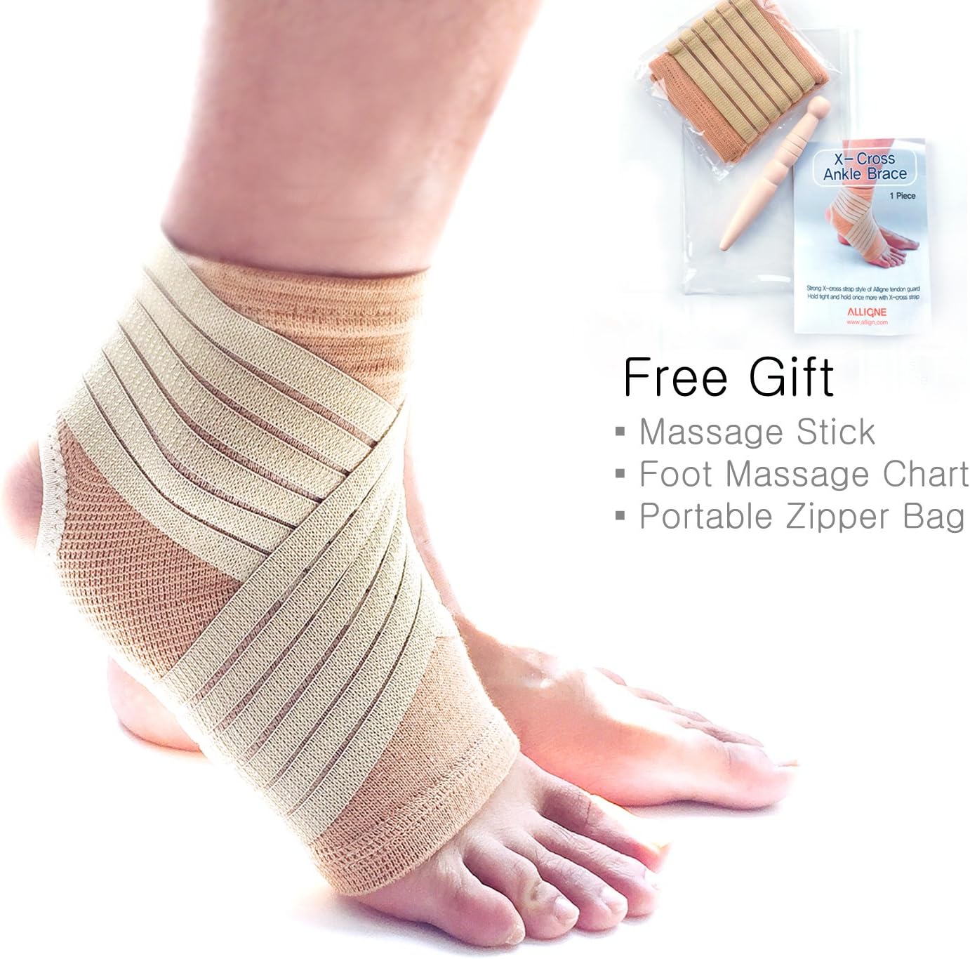 Ankle-Wrap (M) with Adjustable Compression Bandage Support for Sprain (Free Gift: Foot Massage Stick & Chart & Portable Zipper Bag)