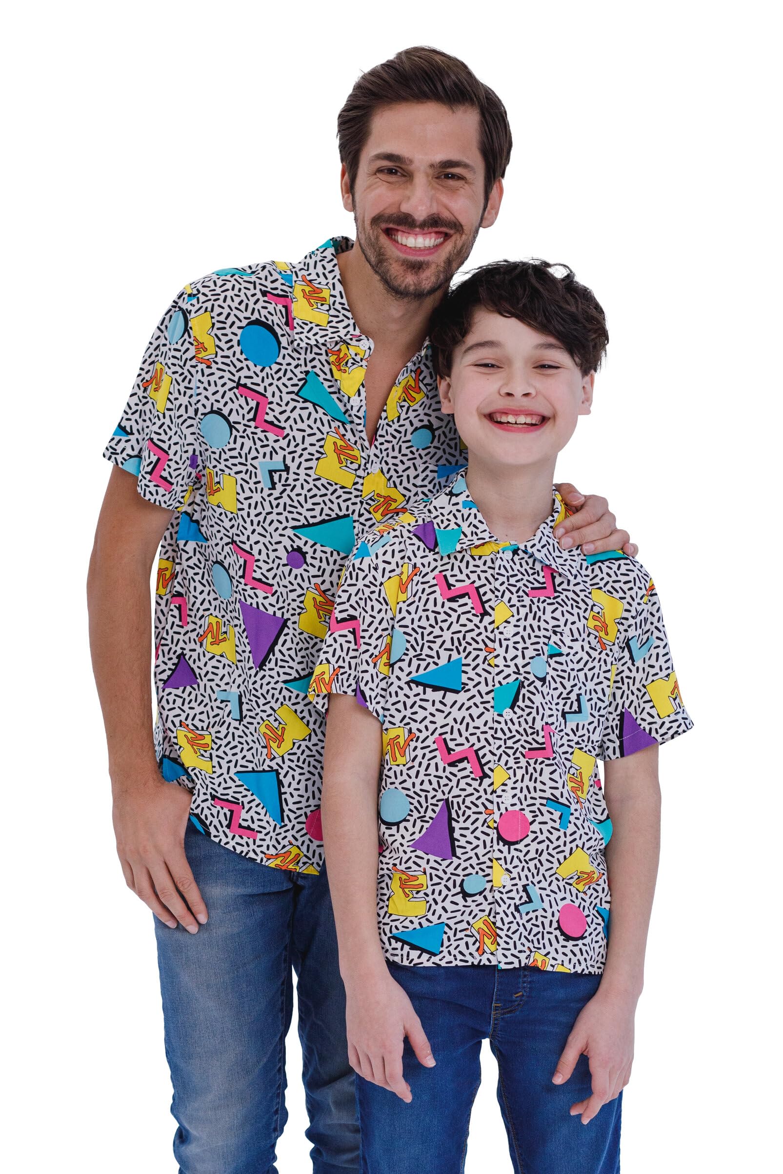 MTV Matching Family Button Down Dress Shirt Neon Logo Little Kid to Adult