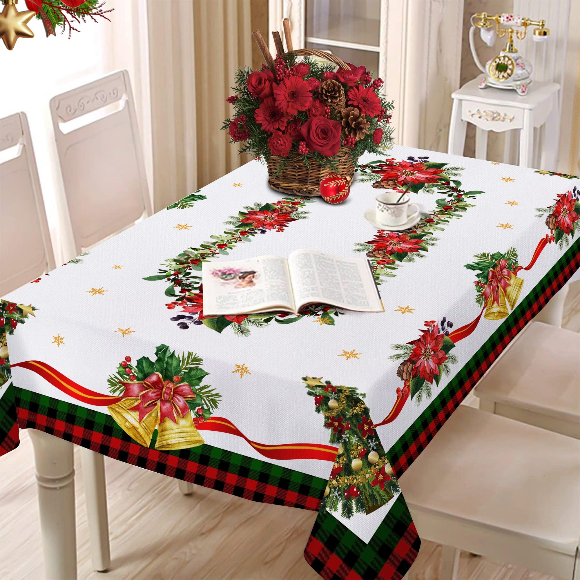 Christmas Tablecloth Winter Table Cloth for Rectangle Tables 60 x 120 White Xmas Tree Snowflake Holiday Red Buffalo Plaid Check Green Holly Farmhouse Rustic Party Outdoor Decor Christmas Table Cover