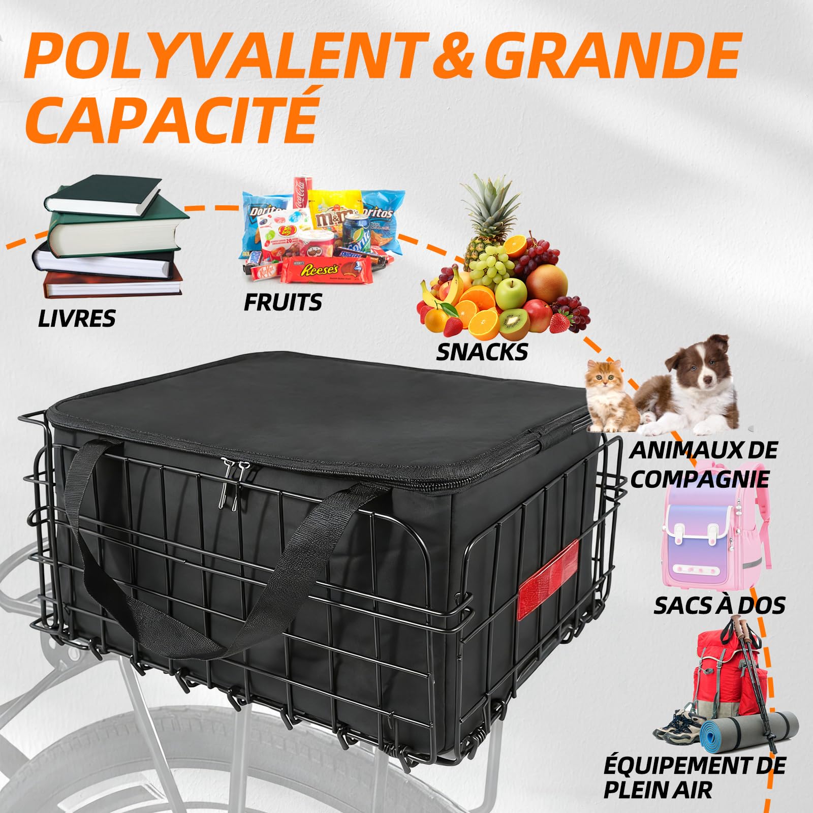 Panier de vélo. Panier de vélo unisexe, montage arrière, amovible, grande capacité, adapté pour vélos électriques, VTT, vélos de ville et vélos de loisir. (Montage sur roue arrière, pliable)