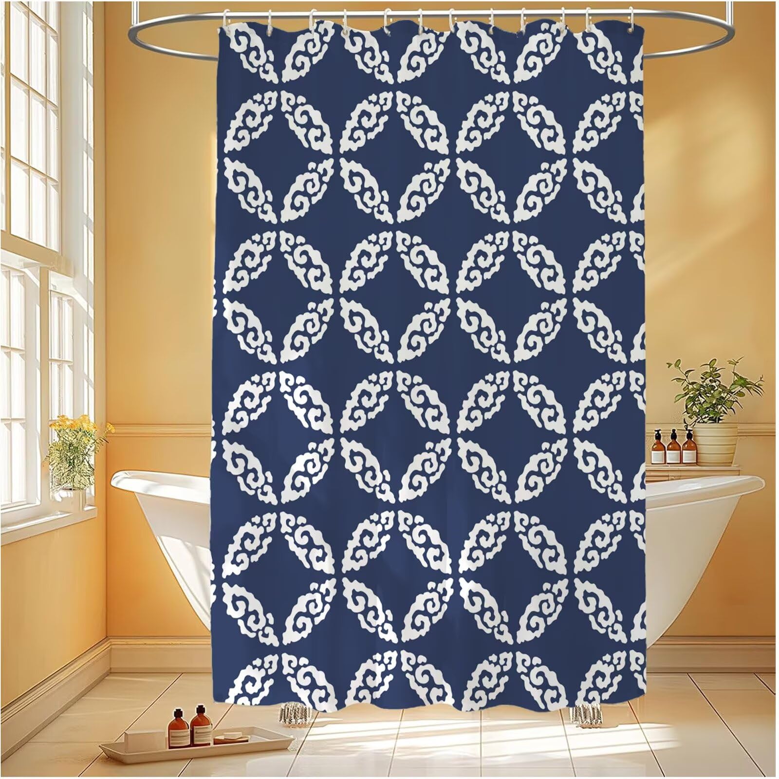 Rideau de douche imperméable blanc bleu marine 120x120 en polyester avec crochets