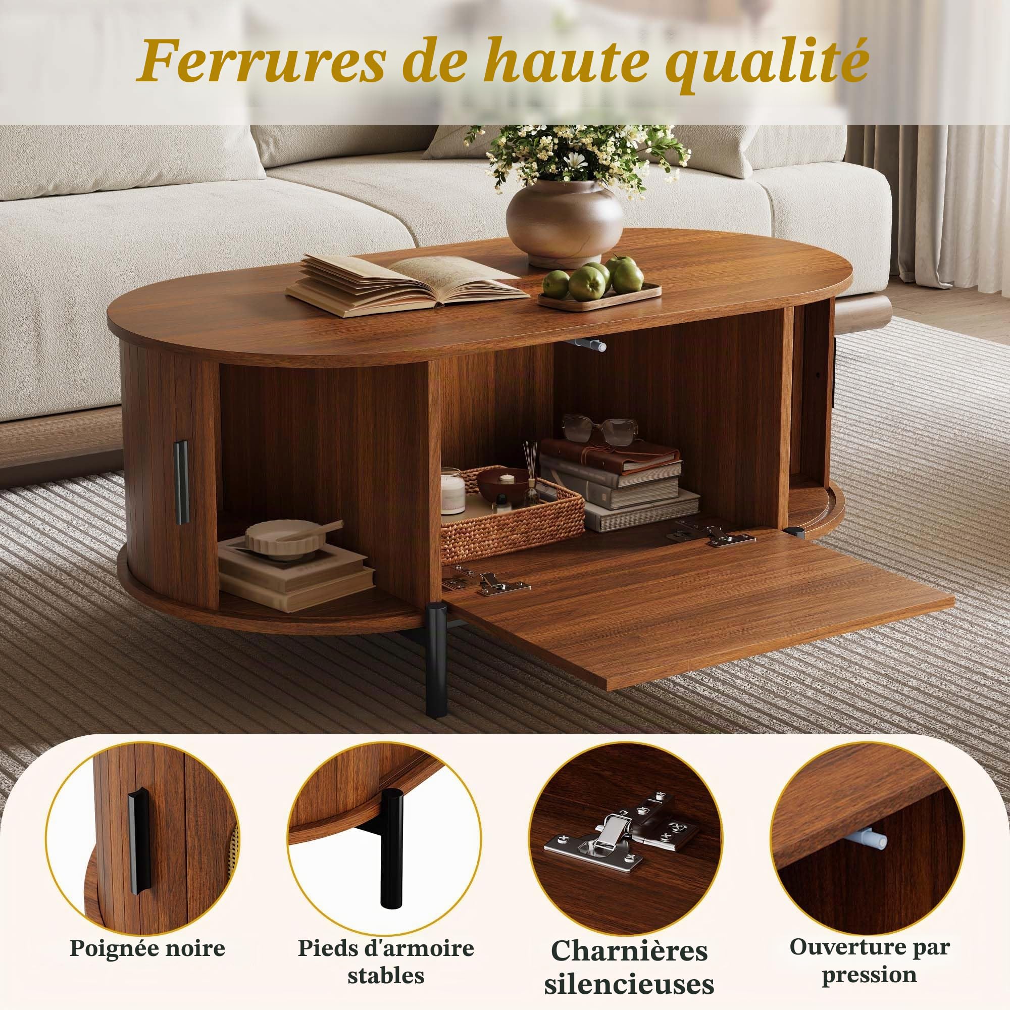Merax Table basse en noyer avec espace de rangement, table de salon aspect bois avec portes coulissantes en rotin et pieds en métal, table d'appoint moderne pour salon, 100 x 50 x 40 cm (L x l x H)