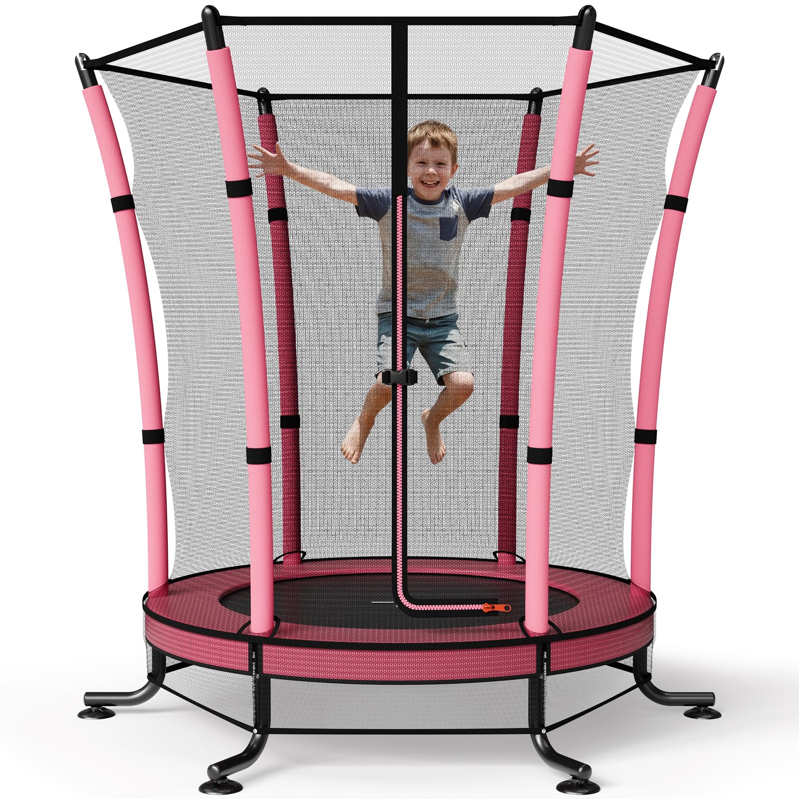 JUMMICO 55’’Kids Trampoline with Enclosure Net Indoor Outdoor Toddler Trampoline for Children Age 3-10 Safety Net, Integrated Mat & Anti-Slip Base (140cm x 180cm)