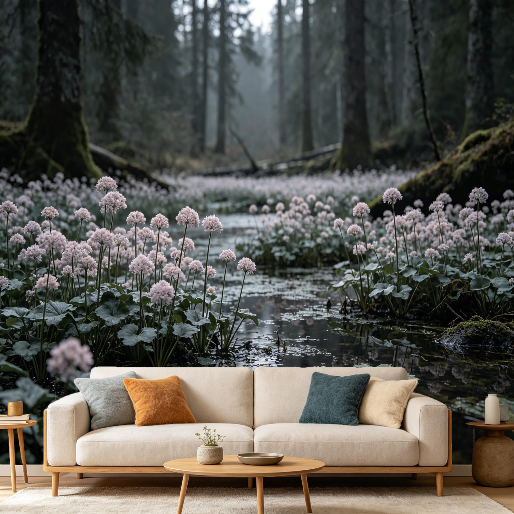 Custom Size Wall Mural Misty Forest Lake Pink Wildflower Botanical SelfAdhesive Art Prints wall Fabric（No PVC） Removable Wallpaper Home Bedroom Decor