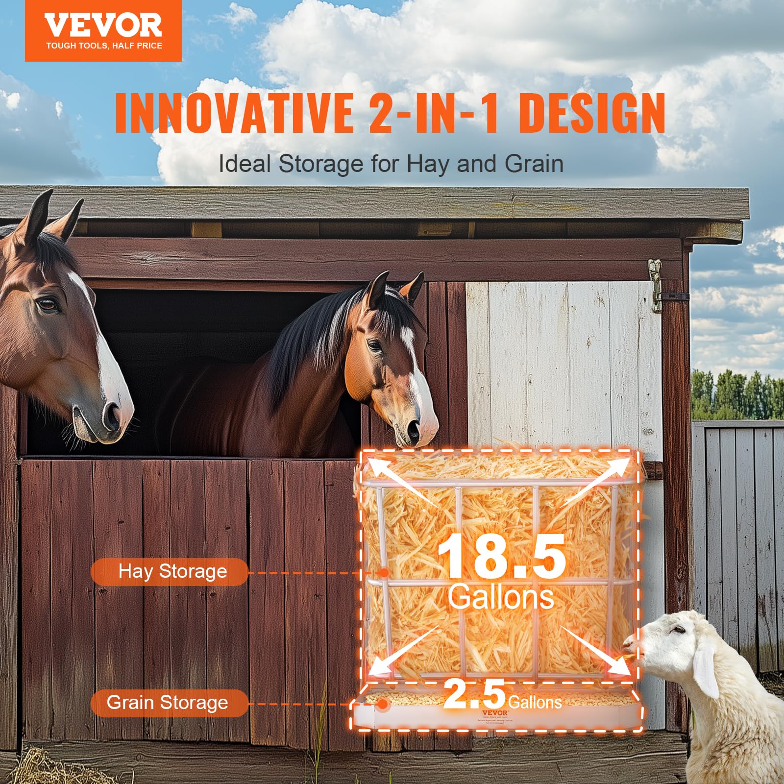 VEVOR Heuraufe Vieh 610 x 297 x 584 mm 2-in-1-Futterautomat für Heu & Getreide Wandraufe mit Futterschale Futtertrog für Ziegen aus Stahl