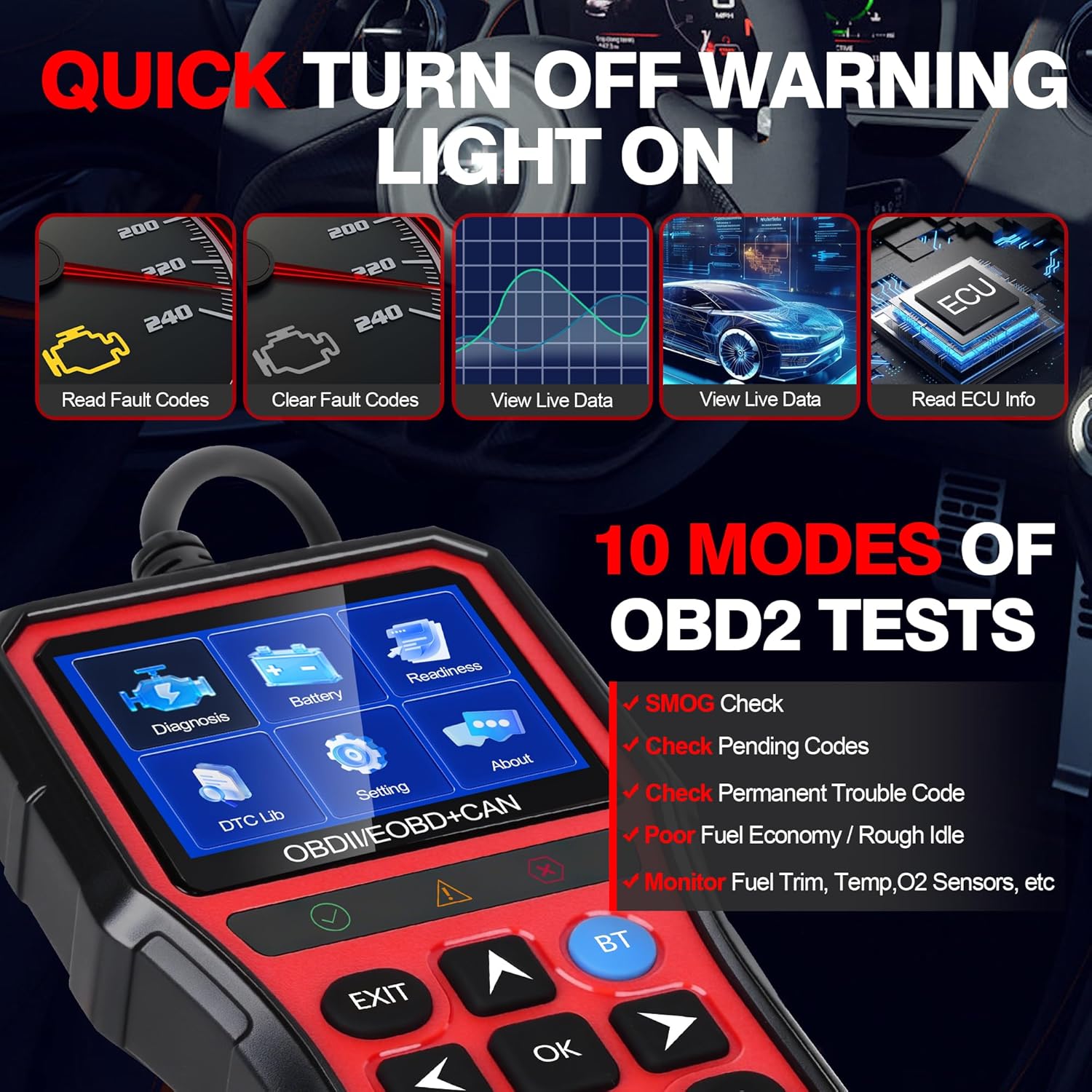 OBD2 Scanner Diagnostic Tool,Car Code Reader with Battery Tester, Check Engine Code Reader with Reset OBDII, Real-Time Date, DTC Lookup,Scan Tool for All OBDII Protocol Cars Since 1996