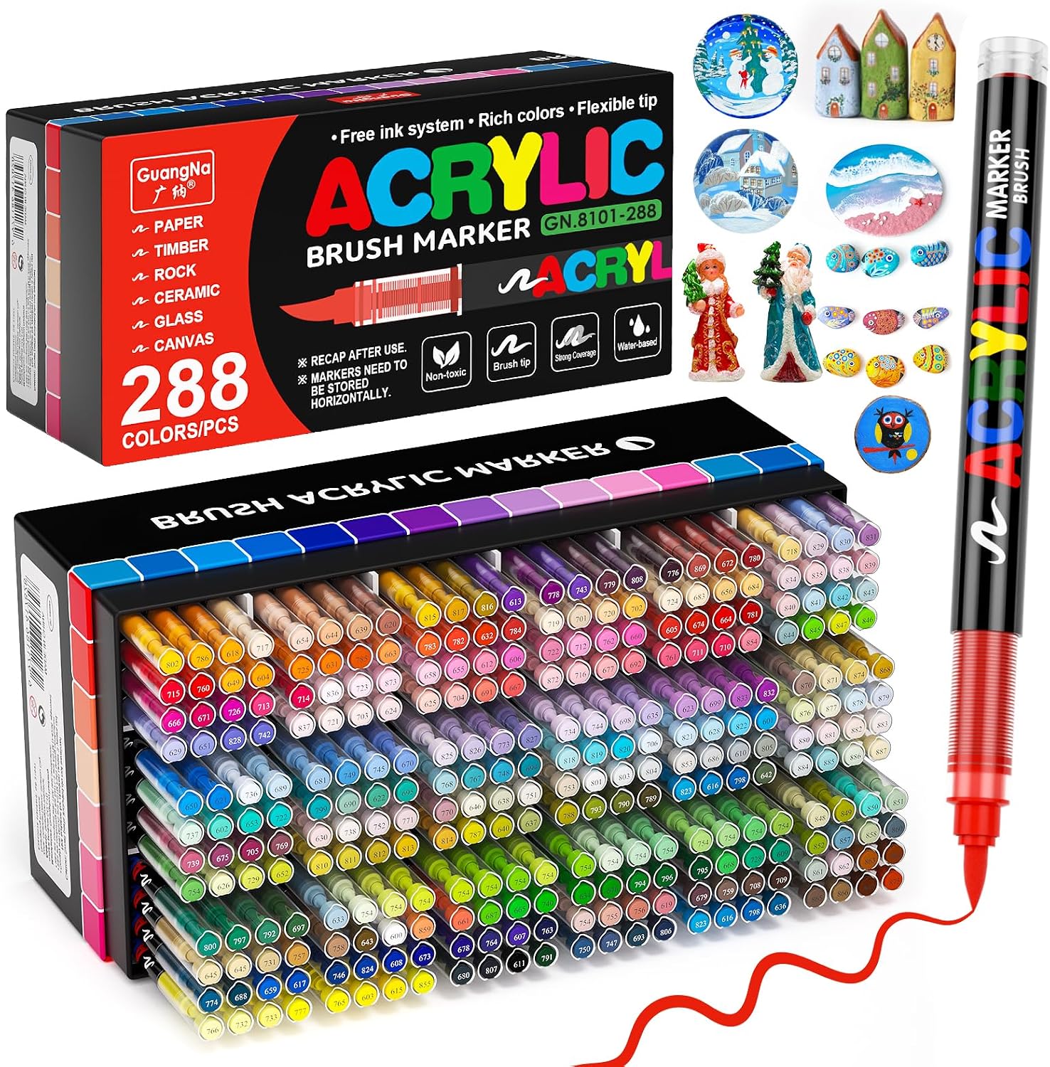 Sanyetral 288 Colors Acrylic Paint Markers, Soft Brush Tip Paint Pens for Wood, Stone, Canvas, Glass, Fabric, Egg, Rock Painting and DIY Crafts Art Supplies