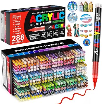 288 Colors Acrylic Paint Marker with Automatic Ink Control System | High Quality Ink, Quick Dry, No Bleed, High Opacity Brush Tip for Rock, Wood, Canvas, Glass, Ceramic DIY Art Crafts