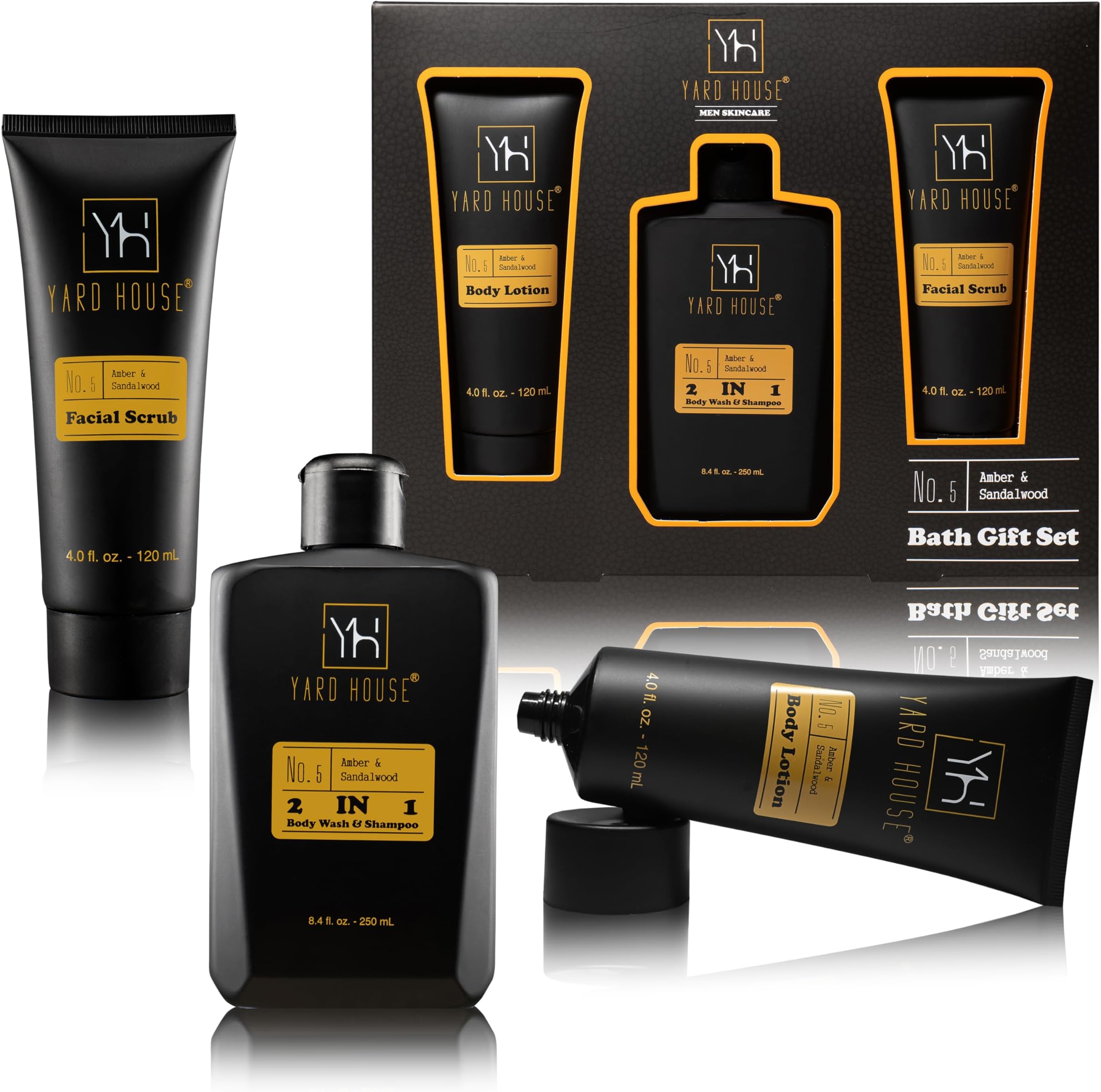 Premium Bath and Body Gift Basket Set for Men - Sandalwood and Amber - Body Wash, Shampoo, Body Lotion, Facial Scrub - Holiday, Birthday, Father's Day Gifts