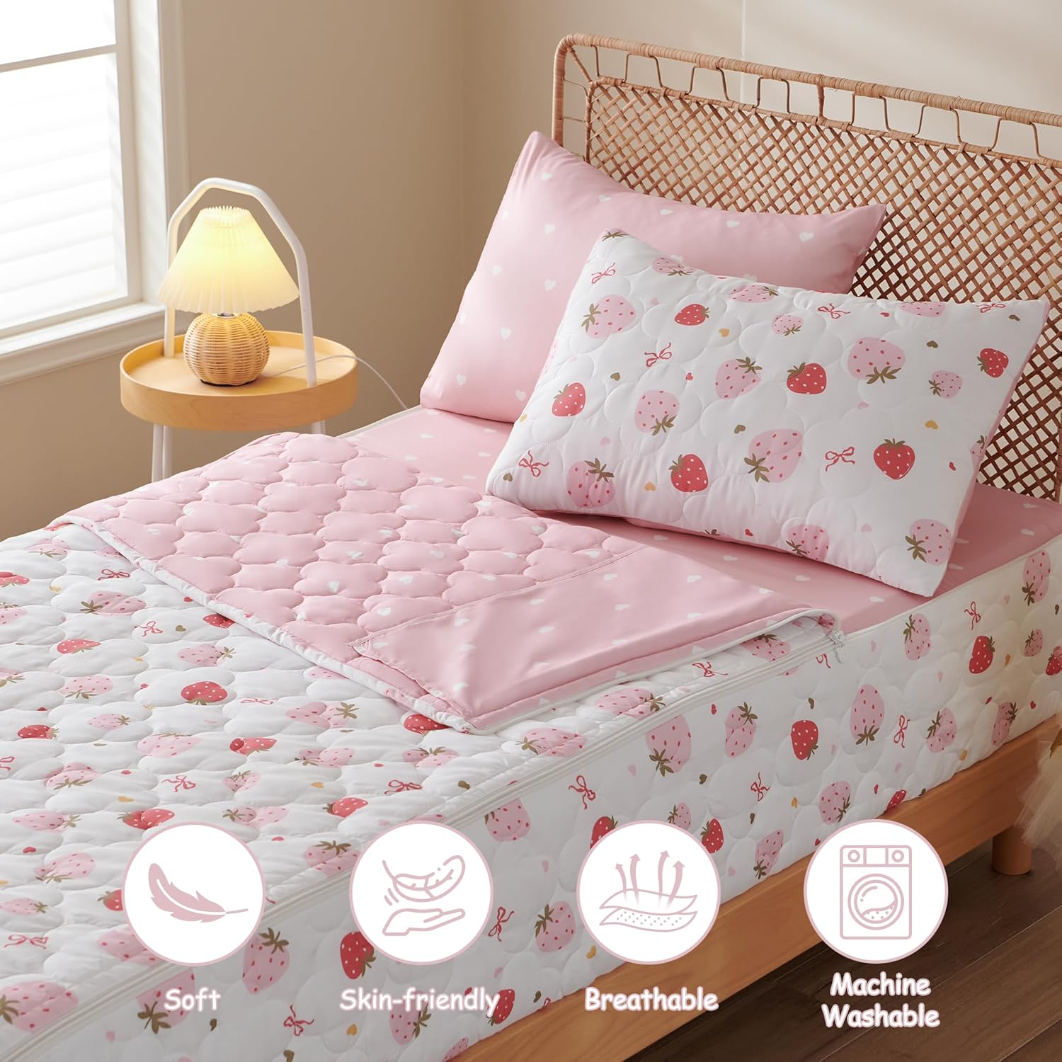 Nayoroom Strawberry Sweet Dreams Twin Zipper Bedding Set for Kids, Pink White Comforter with All-in-One Zipper Design, Cute Berry Bedding for Girls & Boys. (Twin Size) - Image 2