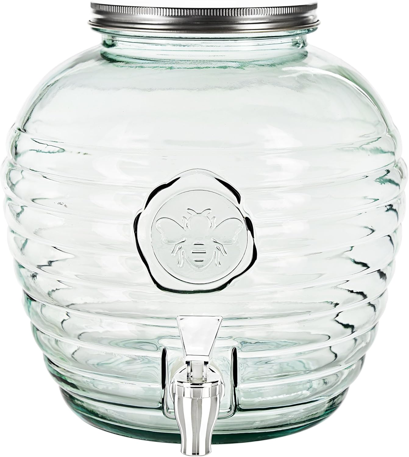 COURONNE CO.Bee Quenched Recycled Glass Beverage Dispenser, Clear with Honeybee Motif, Beehive Shape, Metal Spigot, Perfect for Hot & Cold Drinks, Large Capacity 270.5 oz
