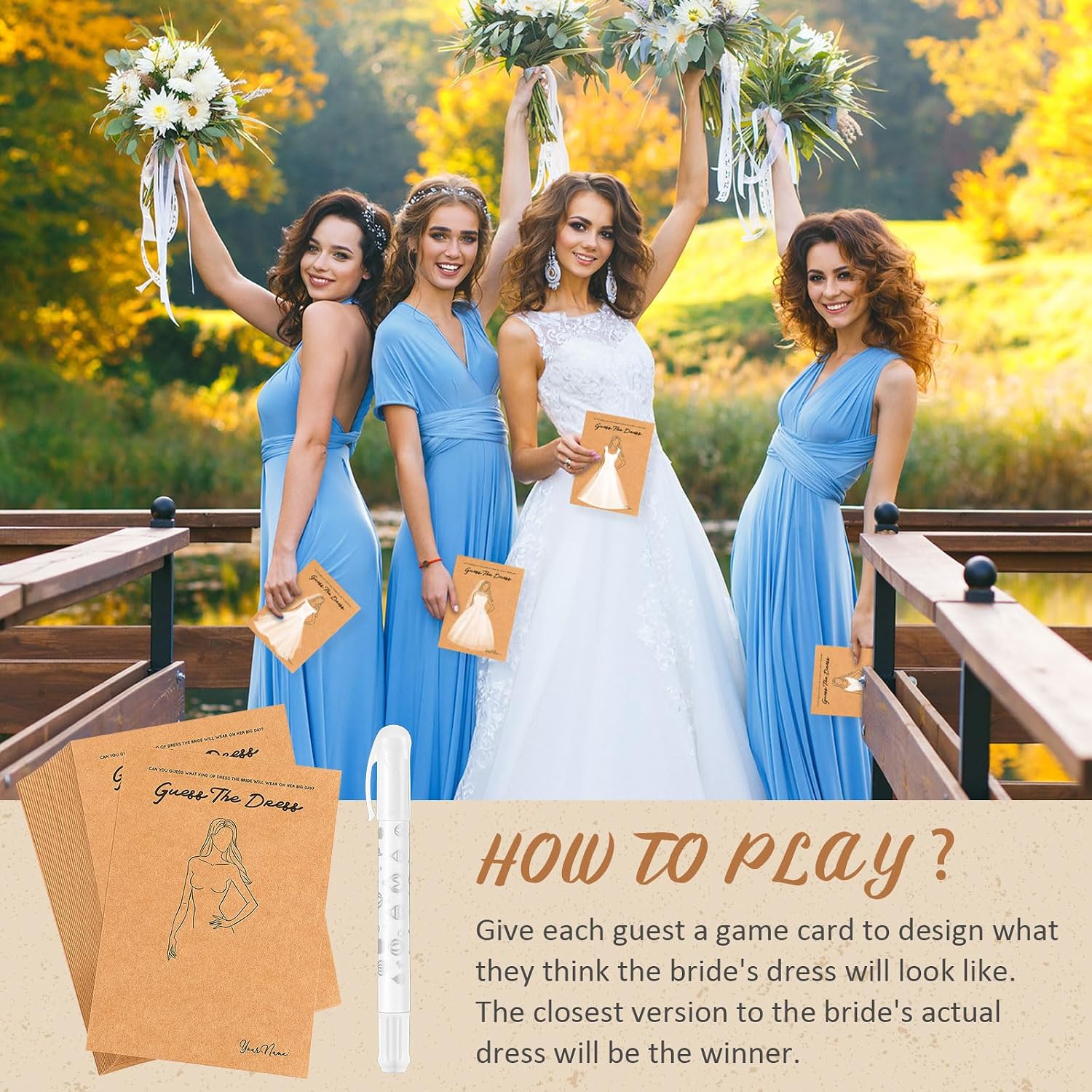 Geyoga 30 Set Guess The Dress Bridal Shower Games for Guests,Brown | Include 30 Pcs 5 x 7 Inch Wedding Shower Games Cards, 30 Pcs Watercolor Gel Crayons, Fun Wedding Party Favors Decorations