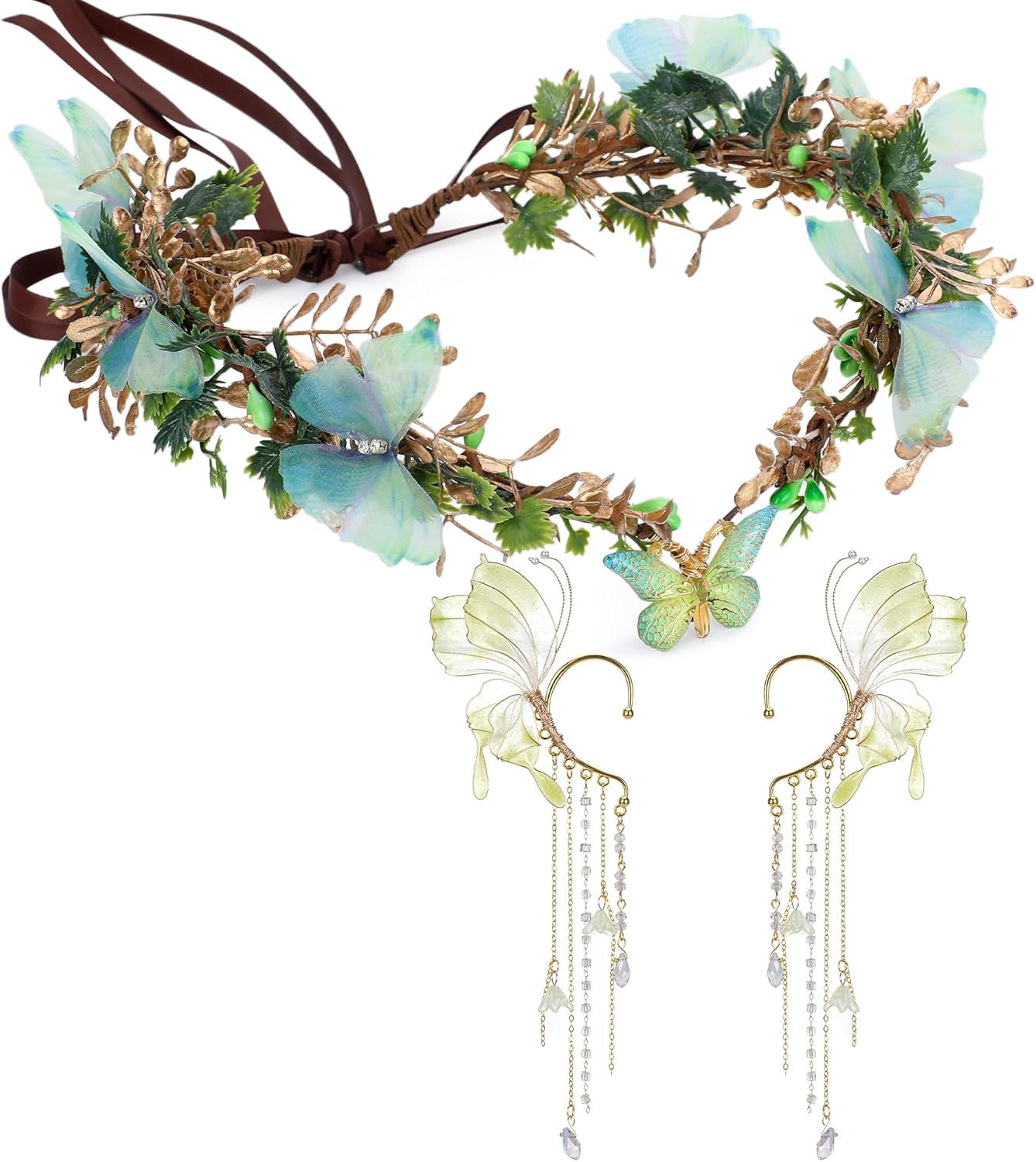 MOSTORY Butterfly Fairy Accessories Set - Woodland Flower Elf Crown Elf Ear Cuffs Kit for Women Renaissance Fantasy Cosplay