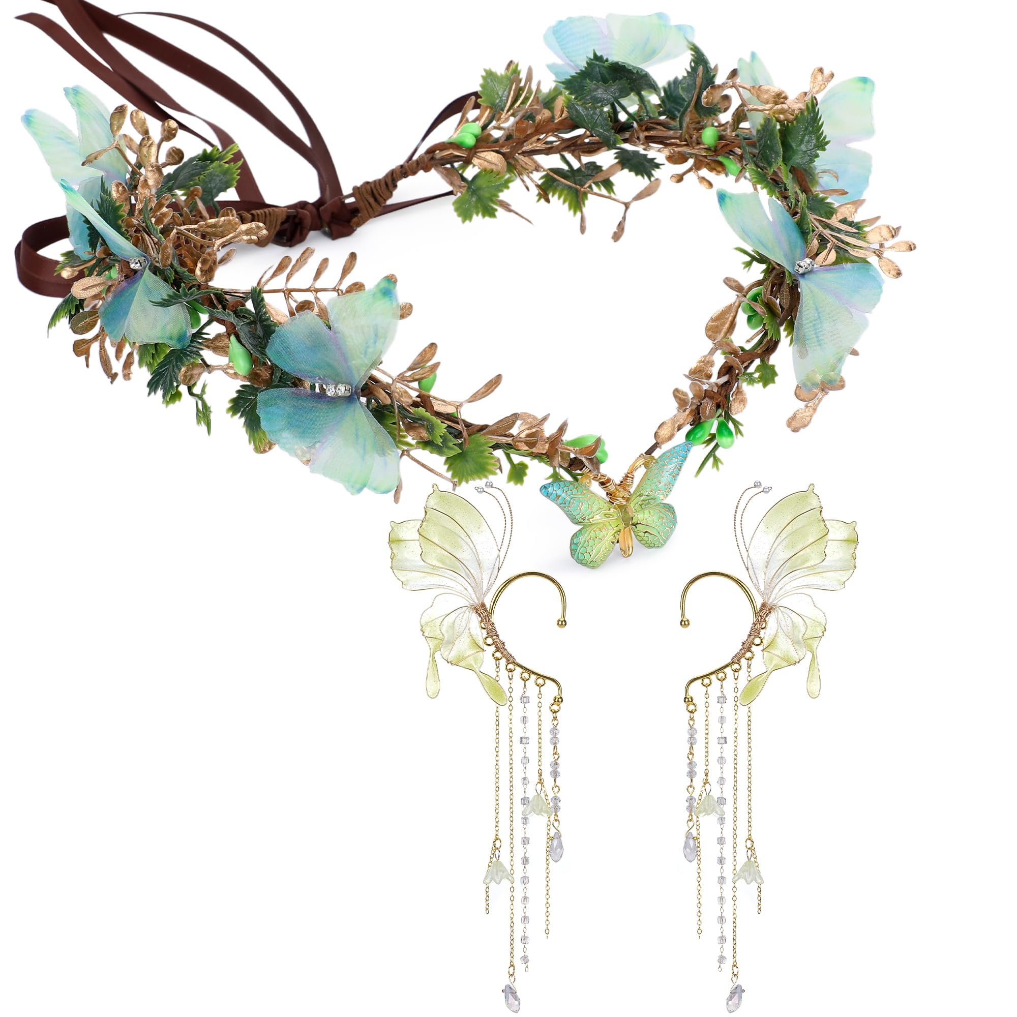 MOSTORY Green Flower Crown Elf Ears for Renaissance Costume Women, Fairy Headpiece with Flowers and Butterflies for Wedding Book Day May Day Carnival Halloween Festival Hair Accessories — image 1