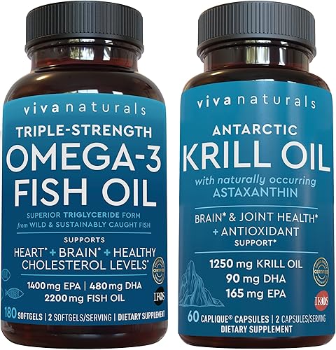 Aceite de krill antártico y aceite de pescado Omega 3 de triple fuerza, 1250 mg de aceite de krill y 2,200 mg de aceite de pescado por porción que