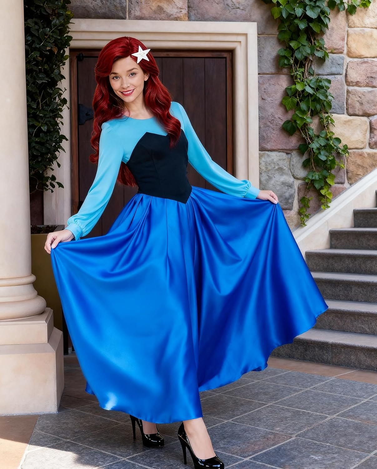 Poboola Ariel Costume Women Mermaid Princess Dress Adult Halloween Party Cosplay Blue Classic Fancy Dress with Headwear