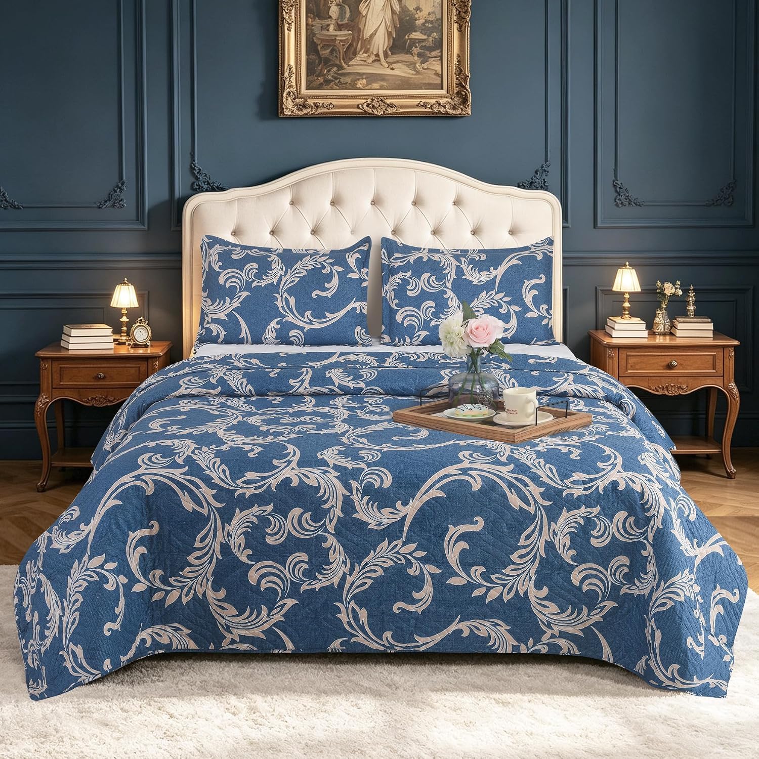 SAIMAZ 3-Piece Quilted Bedspread Set – Reversible Lightweight Patchwork Quilt with 2 Pillow Shams | Vintage Floral Design Comforter Throw | Double & King Size Bedding (Blue Baroque)