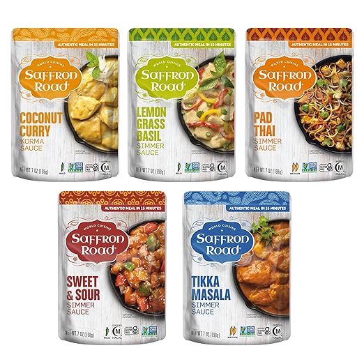 Saffron Road Simmer Sauce Variety Pack | Lemongrass Basil, Coconut Curry, Pad Thai, Sweet & Sour, and Tikka Masala | Vegetarian, Non-GMO, Halal, and Kosher | 7.0oz Pouch | Pack of 5