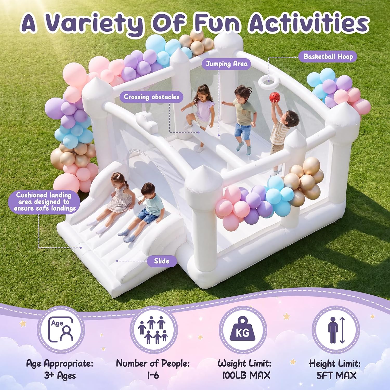 Bounce House, Bounce House for Kid with Slide and Basketball | 183×143×94 inch Inflatable White Bounce, Toddler Bounce House Indoor and Outdoor, Include Blower