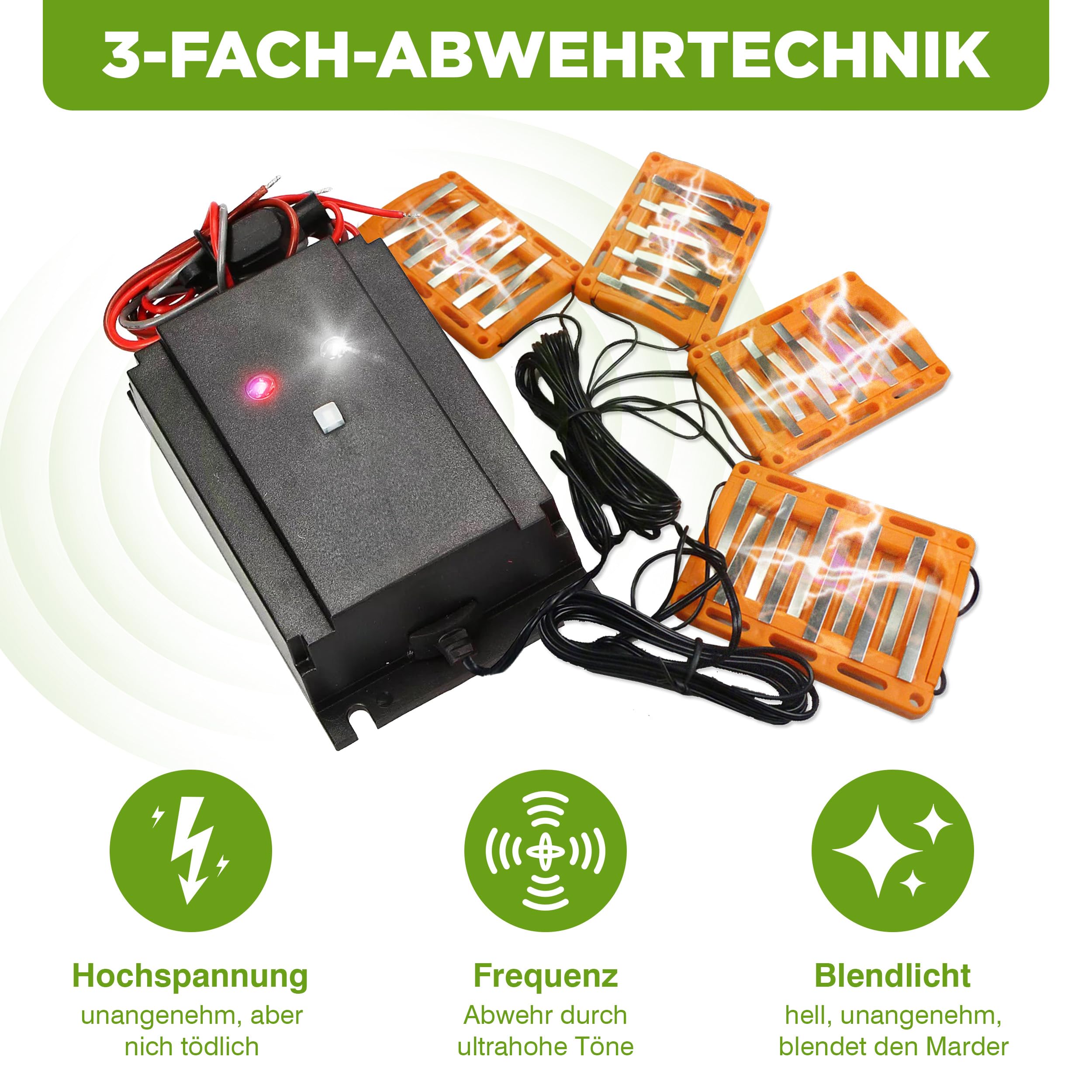 ISOTRONIC Marderschreck Auto – Marderabwehr zum Anschluss an 12V Autobatterien – Marderschutz mit Hochspannung, LED-Blitzlicht & Ultraschall – Marderschock Wasserdicht & CAN-Bus geeignet (1 Stück)