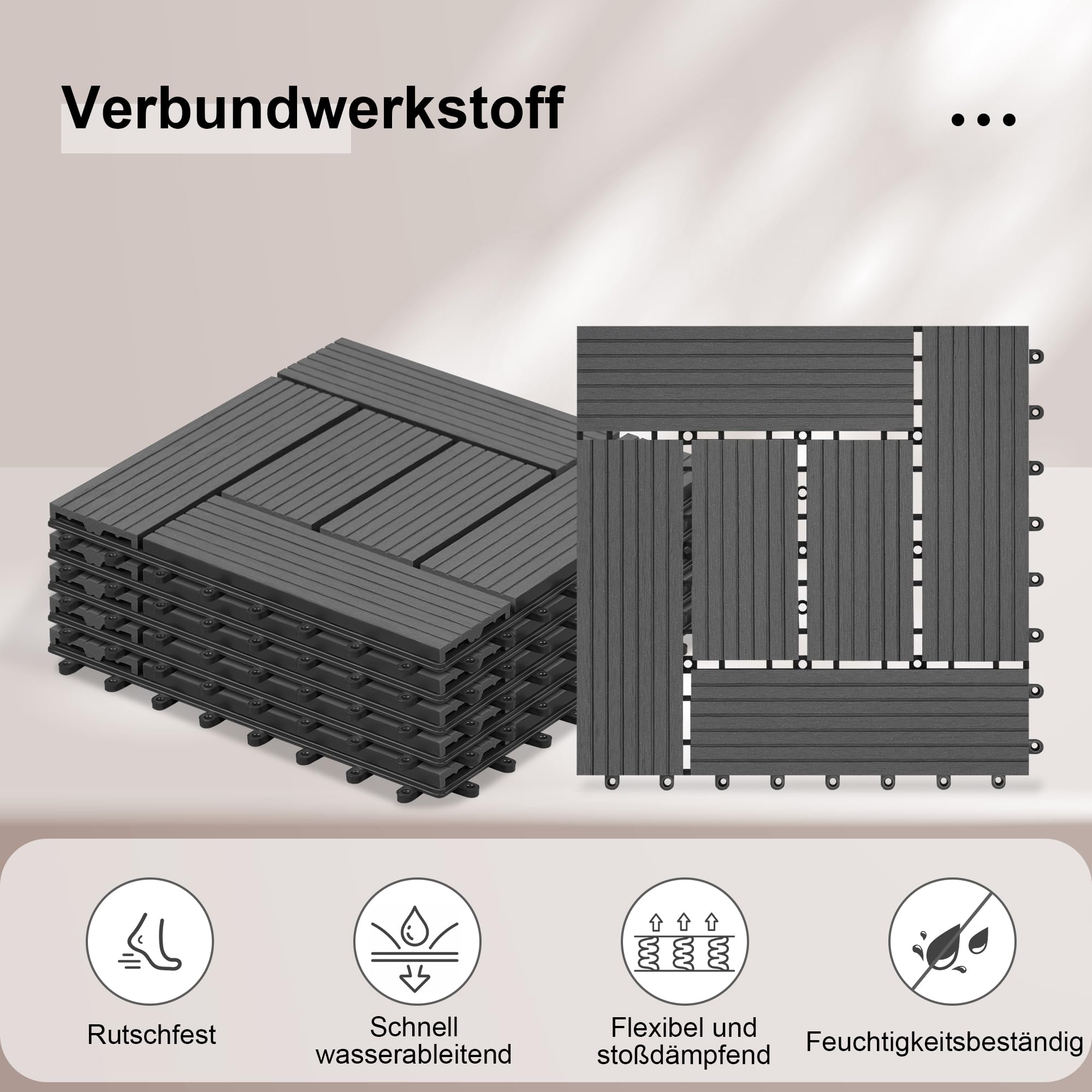 Laneetal WPC Fliesen 22er Set für 2 m², Balkonfliesen 30x30 cm, Terrassenfliesen Klicksystem, Klickfliesen Terrasse Balkon, Bodenfliesen Bodenbelag für außen, Grau